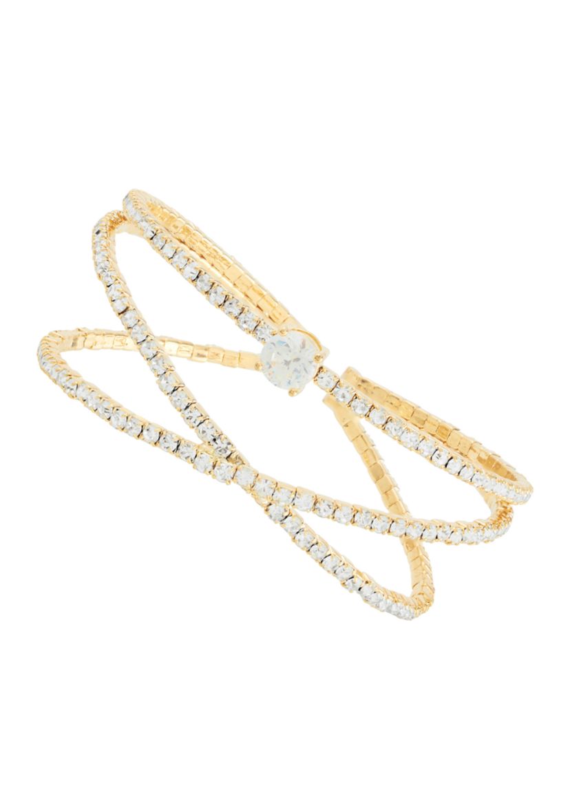 Gold Plated Crystal Double Bangle with Cubic Zirconia Solitare Bracelet