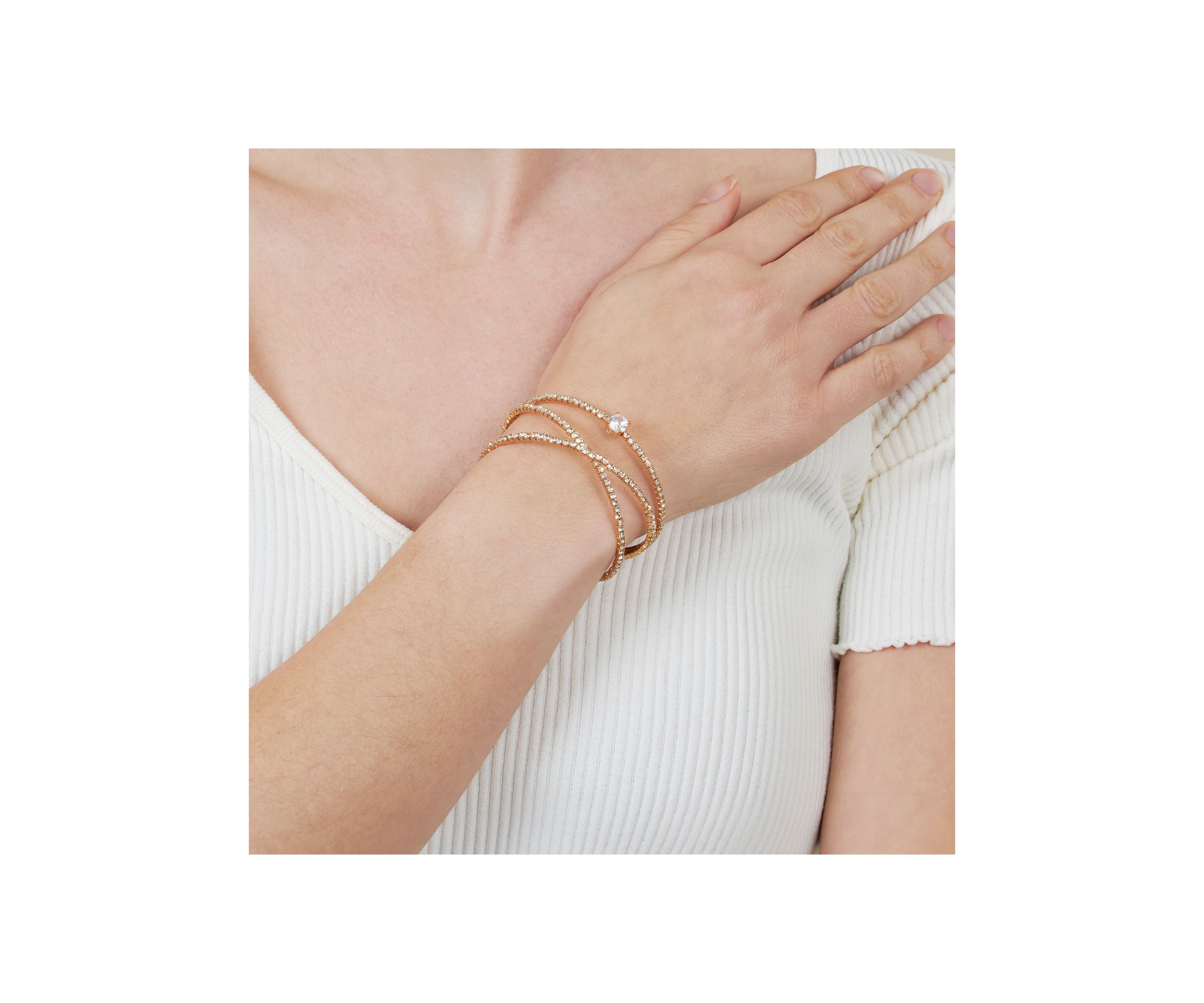 Gold Plated Crystal Double Bangle with Cubic Zirconia Solitare Bracelet