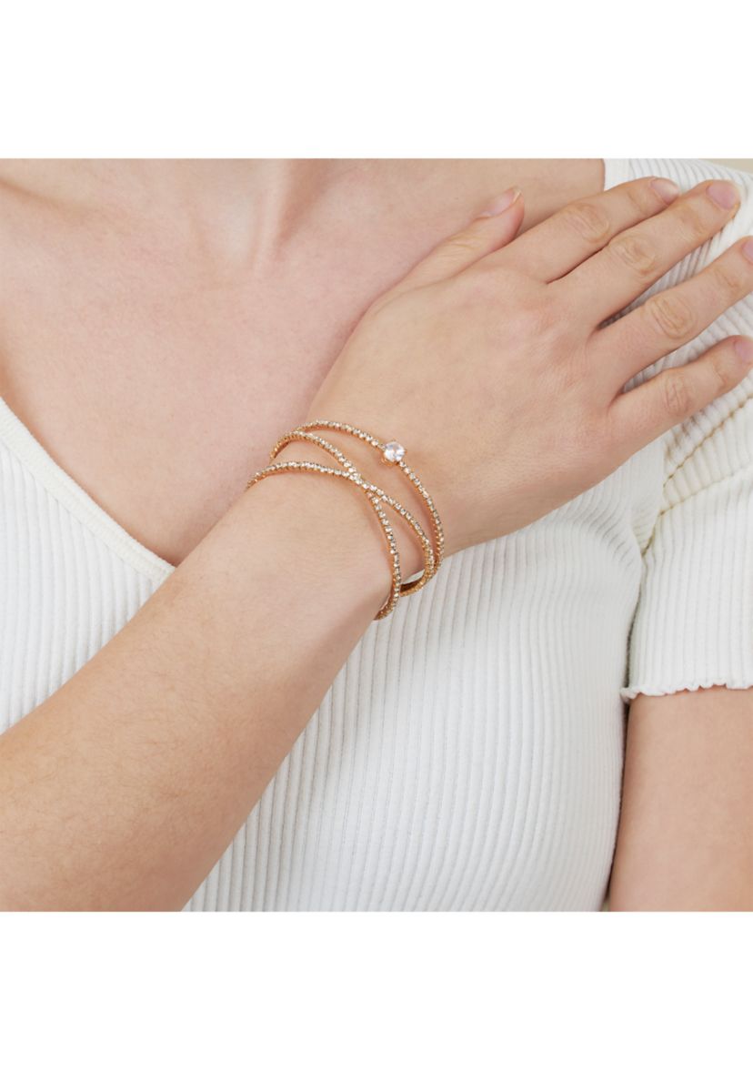 Gold Plated Crystal Double Bangle with Cubic Zirconia Solitare Bracelet