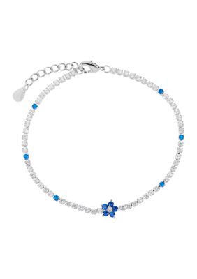 Belk Silverworks Silver Plated Cubic Zirconia Blue Flower Tennis Bracelet, 7 in
