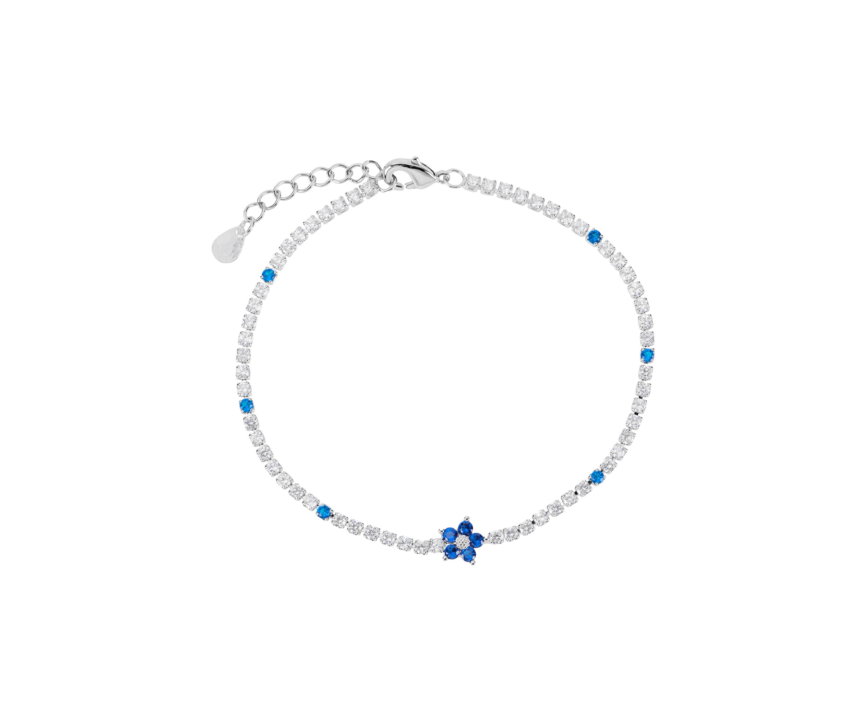 Silver Plated Cubic Zirconia Blue Flower Tennis Bracelet