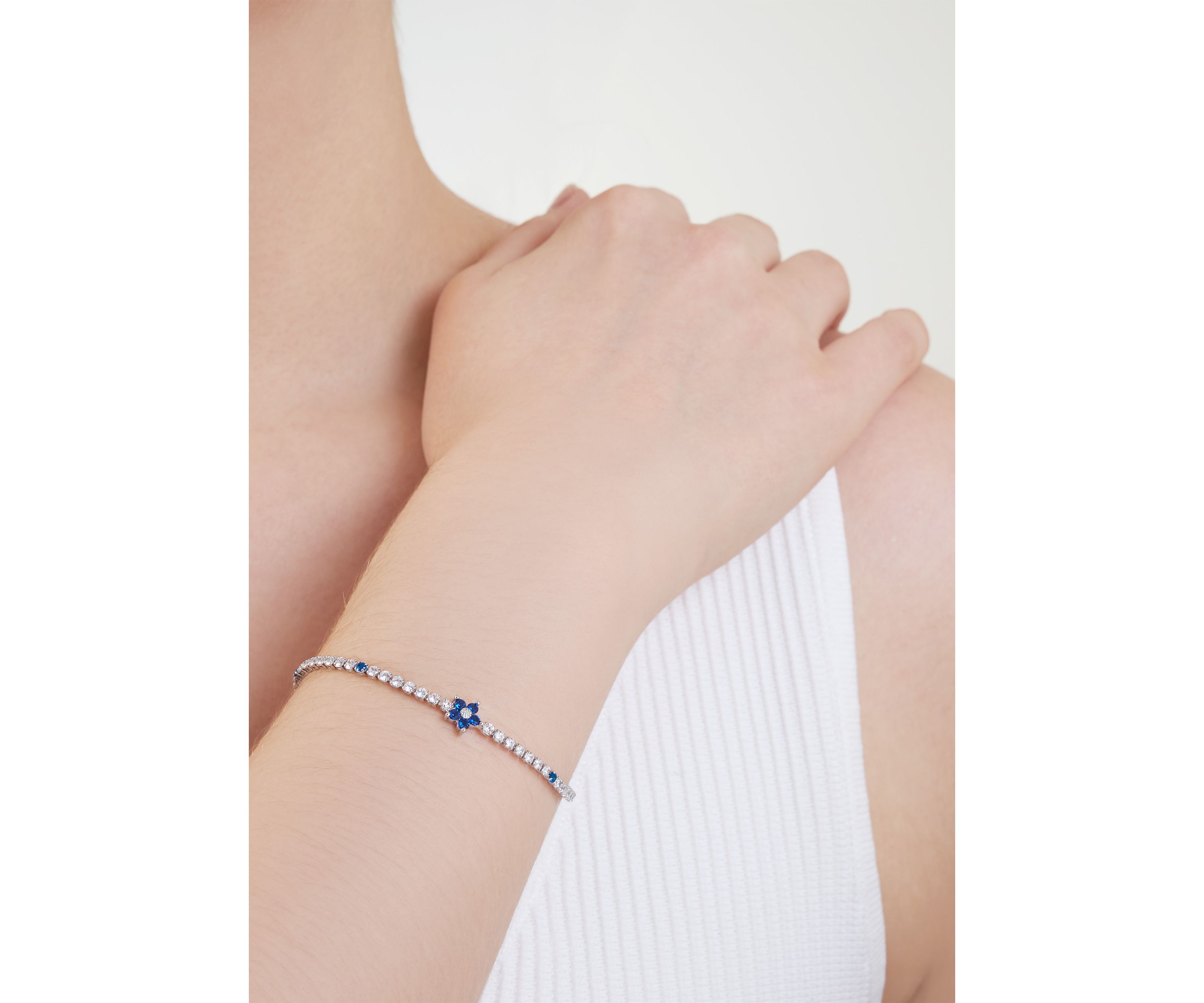 Silver Plated Cubic Zirconia Blue Flower Tennis Bracelet