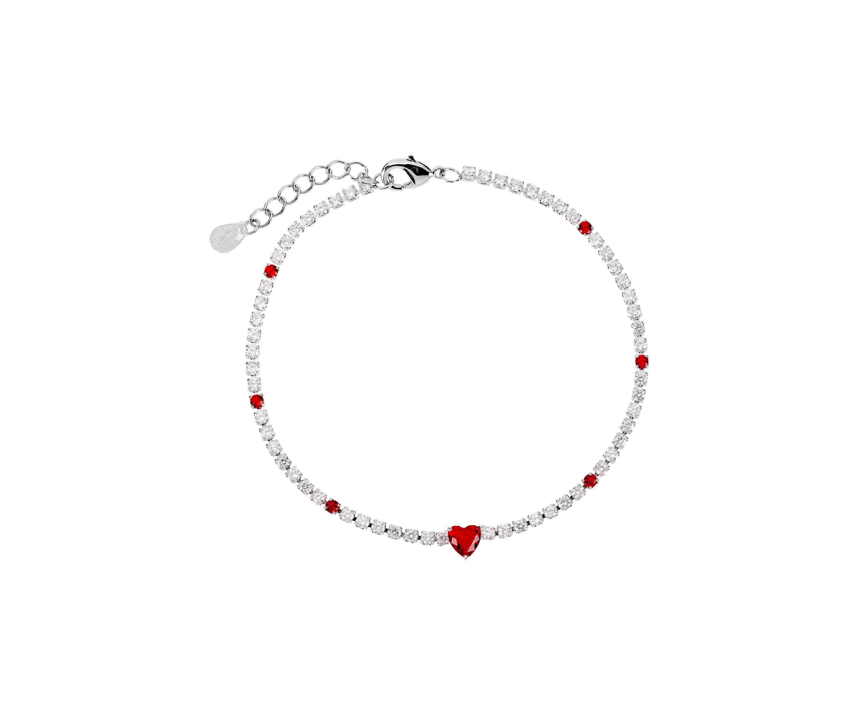 Silver Plated Cubic Zirconia Red Heart Tennis Bracelet