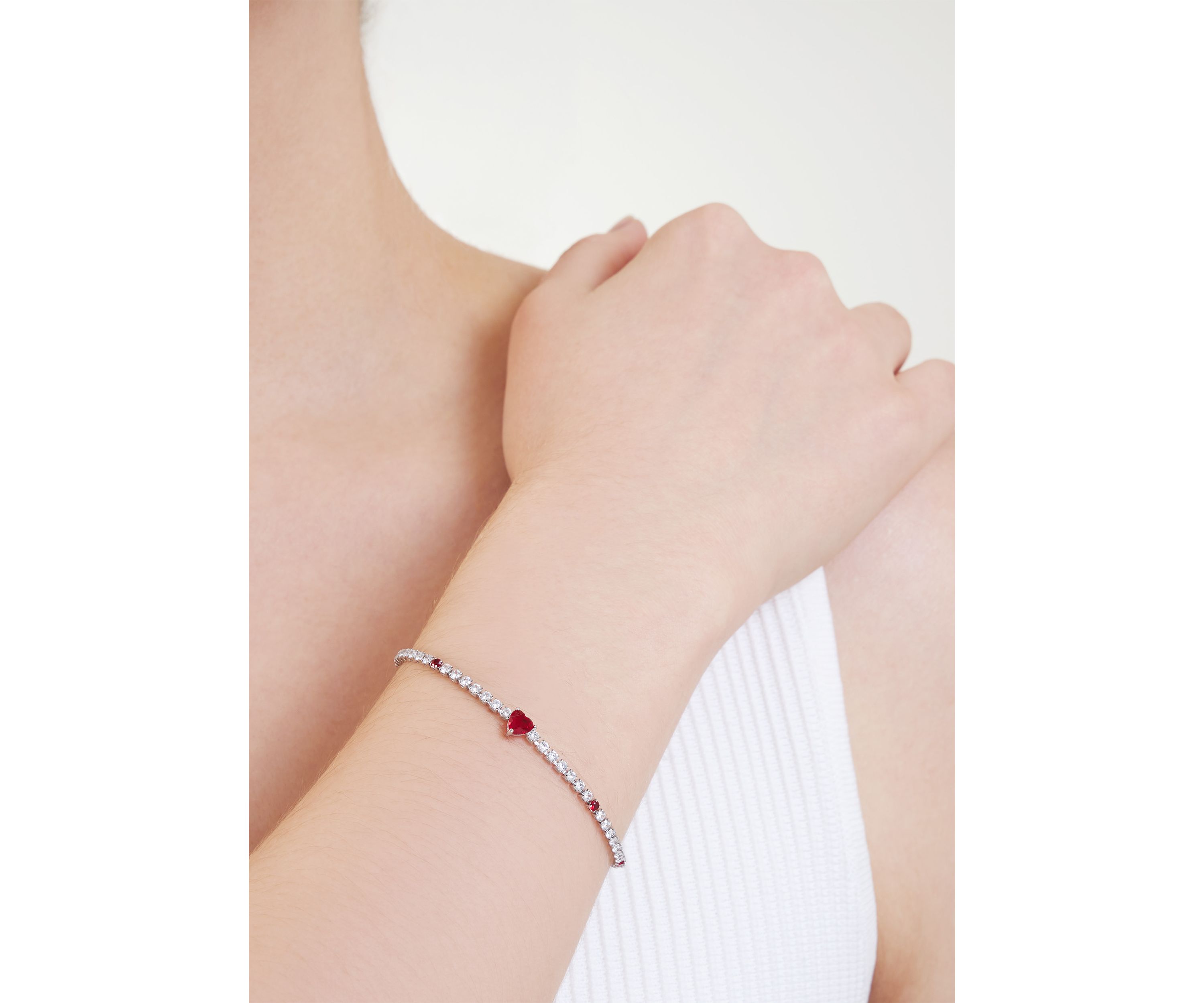 Silver Plated Cubic Zirconia Red Heart Tennis Bracelet