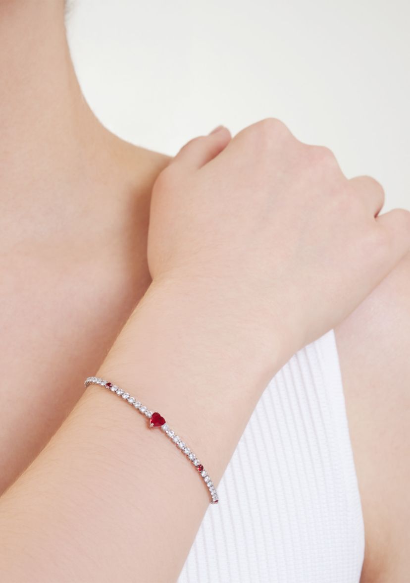 Silver Plated Cubic Zirconia Red Heart Tennis Bracelet