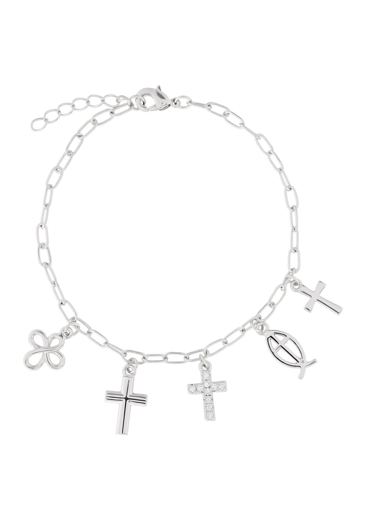 Silver Plated Cubic Zirconia Religious Charm Bracelet