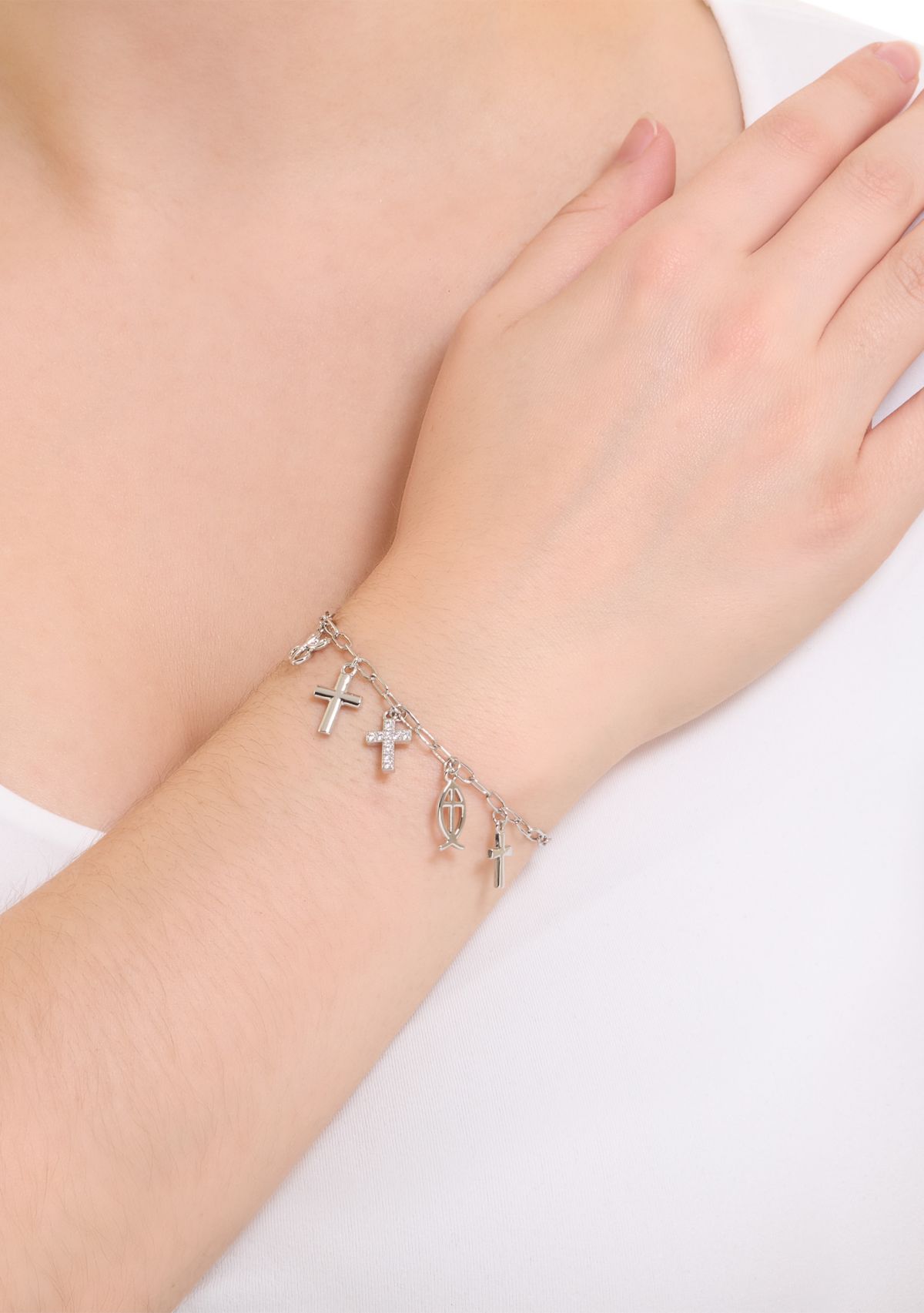 Silver Plated Cubic Zirconia Religious Charm Bracelet