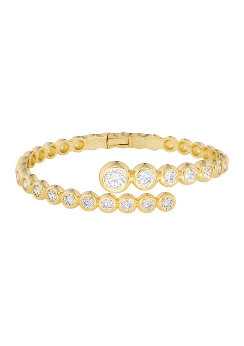 Gold Plated Cubic Zirconia Bezel Bypass Bangle Bracelet