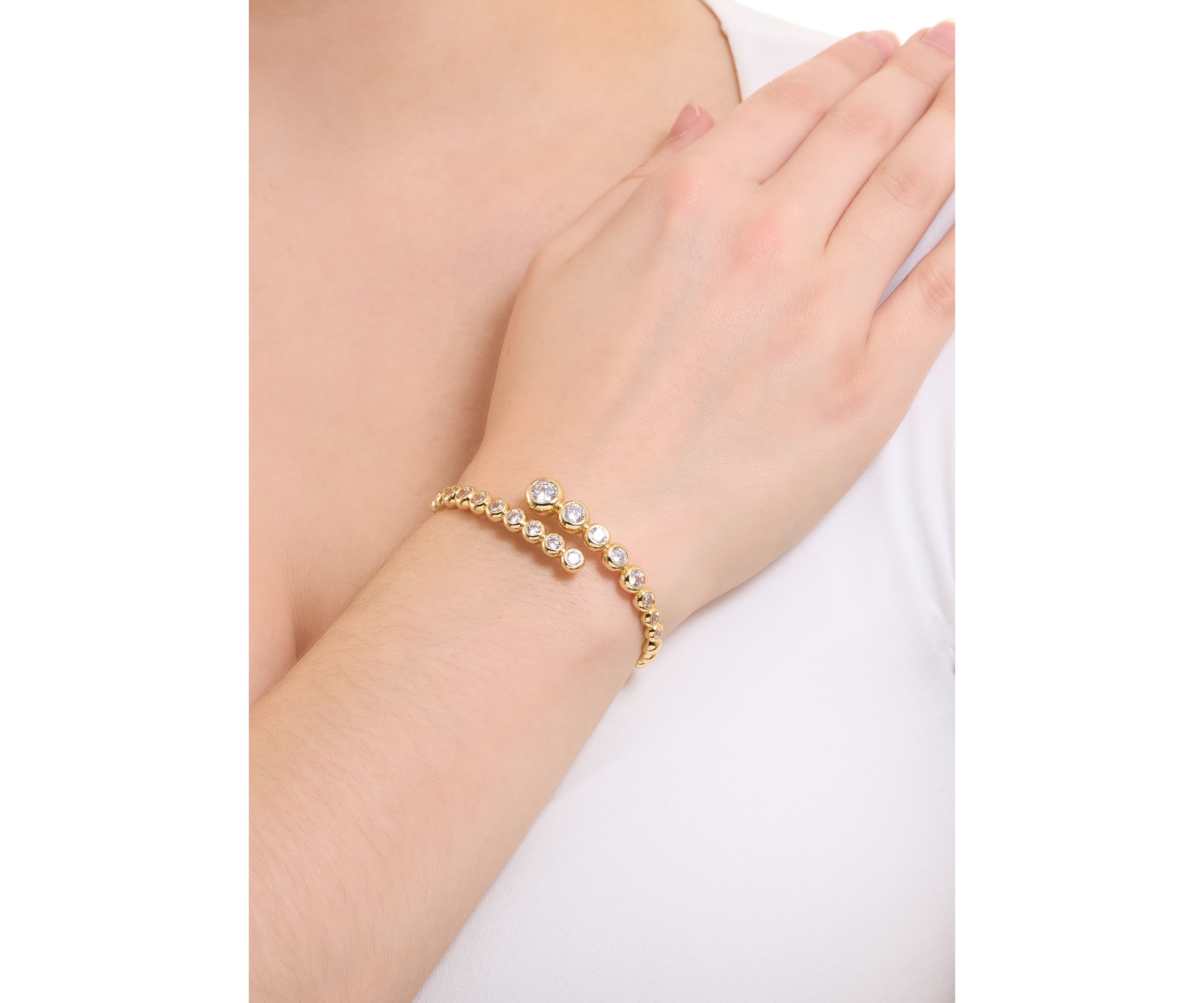 Gold Plated Cubic Zirconia Bezel Bypass Bangle Bracelet