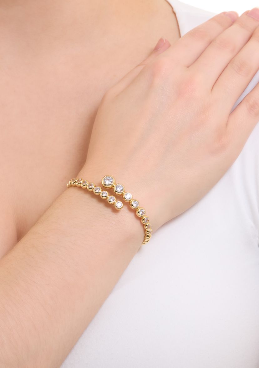 Gold Plated Cubic Zirconia Bezel Bypass Bangle Bracelet