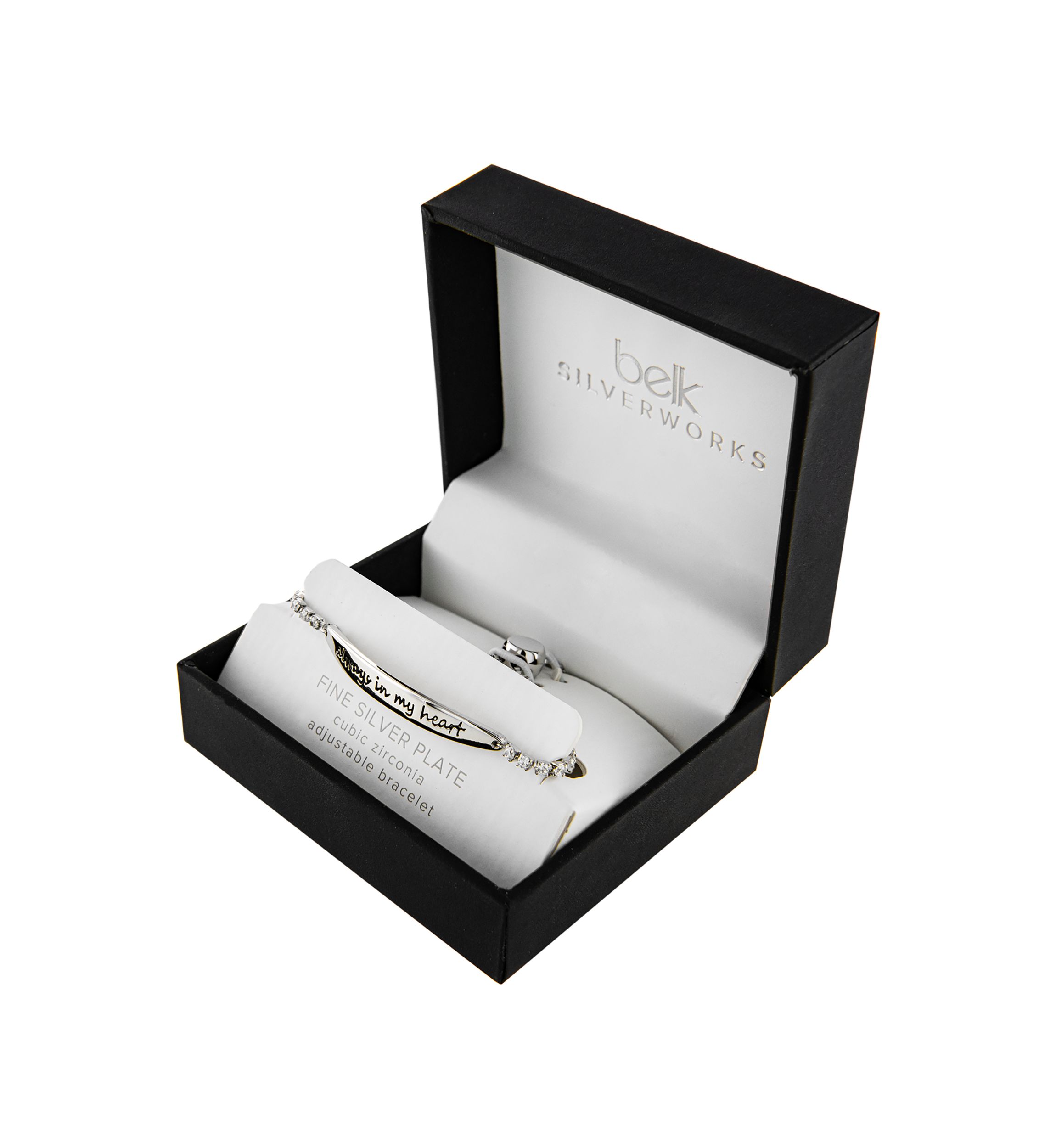 Boxed Fine Silver Plated "Always In My Heart" Cubic Zirconia Adjustable Bracelet in Silver or Gold