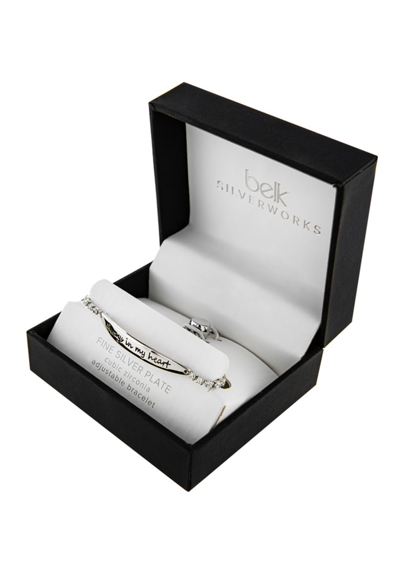 Boxed Fine Silver Plated "Always In My Heart" Cubic Zirconia Adjustable Bracelet in Silver or Gold