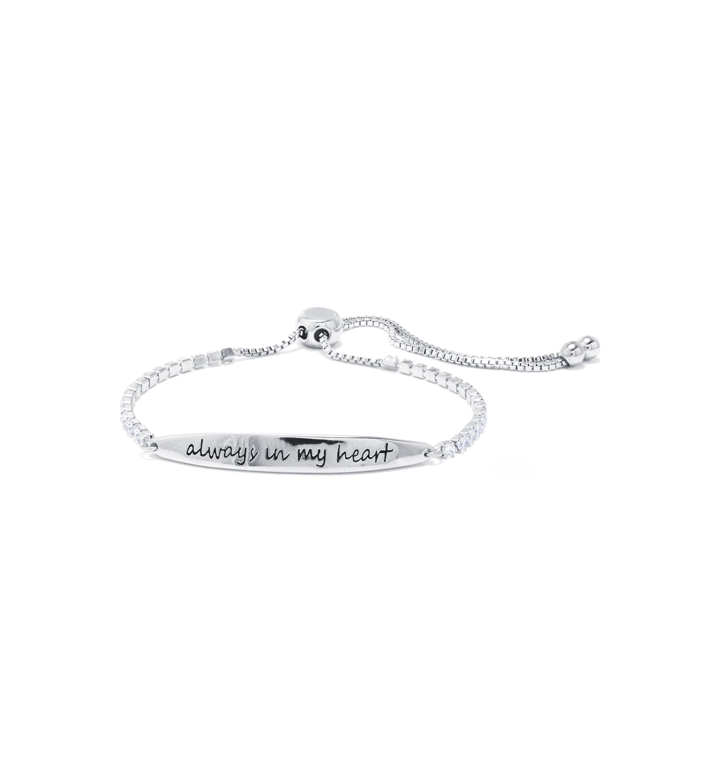Boxed Fine Silver Plated "Always In My Heart" Cubic Zirconia Adjustable Bracelet in Silver or Gold