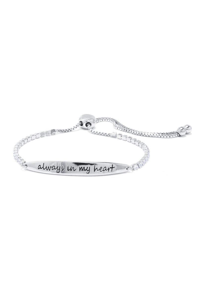 Boxed Fine Silver Plated "Always In My Heart" Cubic Zirconia Adjustable Bracelet in Silver or Gold