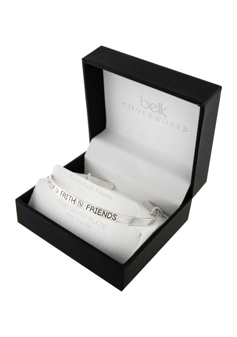 Boxed Silver Plated Bracelet "Family Faith Friends" Crystal Cuff Bracelet