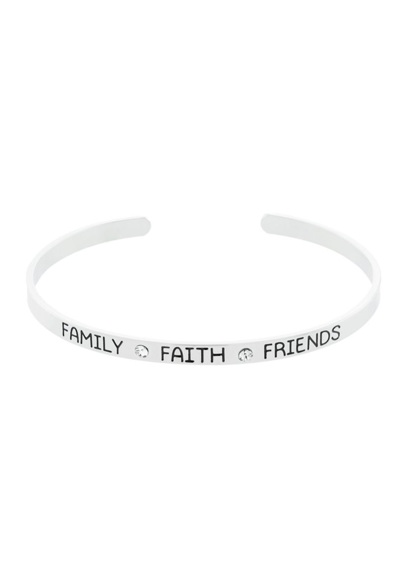 Boxed Silver Plated Bracelet "Family Faith Friends" Crystal Cuff Bracelet