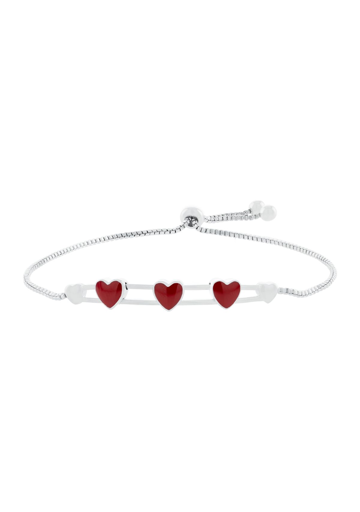 Boxed Fine Silver Plated Sliding Red Heart Charm Adjustable Bolo Bracelet