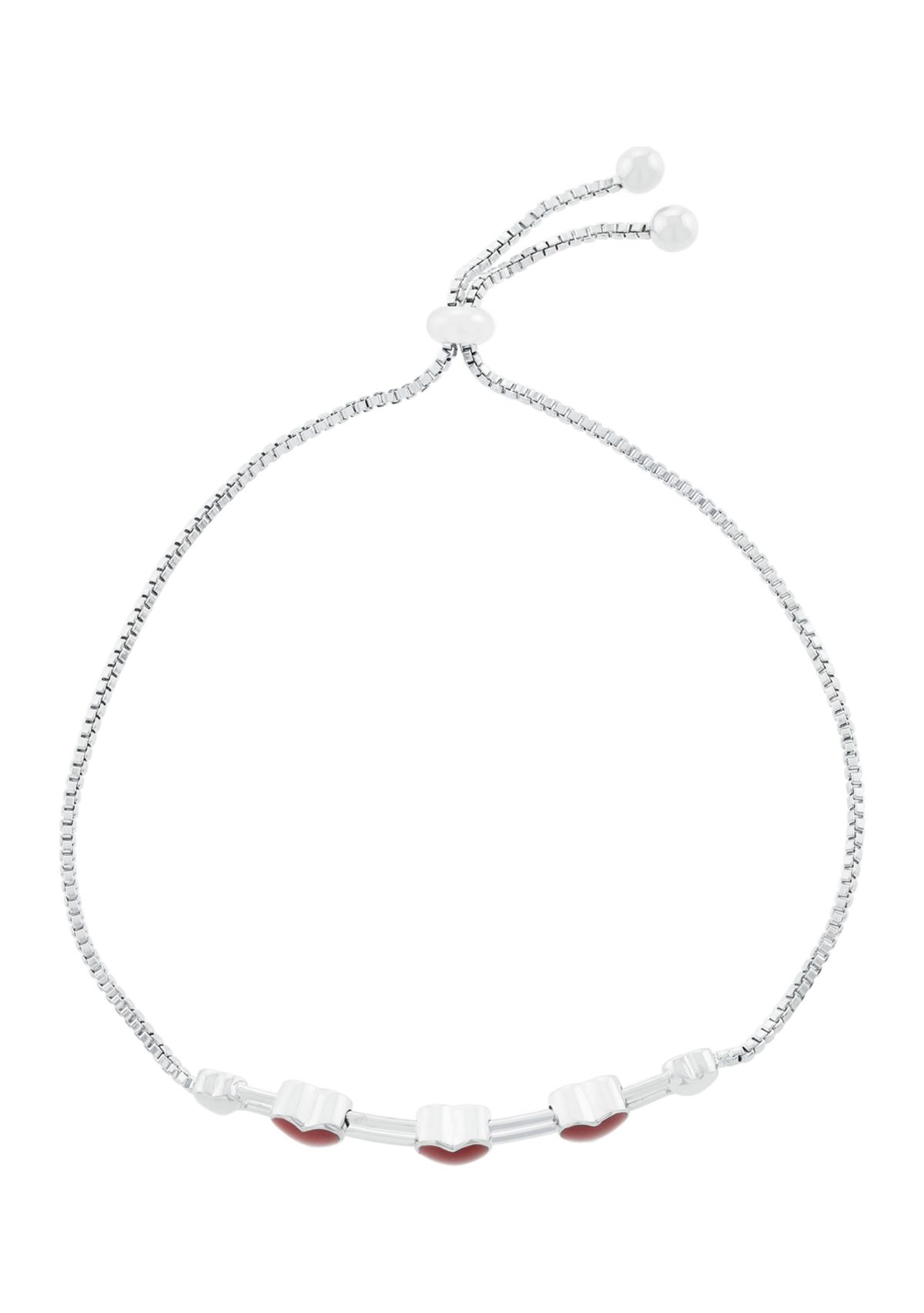 Boxed Fine Silver Plated Sliding Red Heart Charm Adjustable Bolo Bracelet