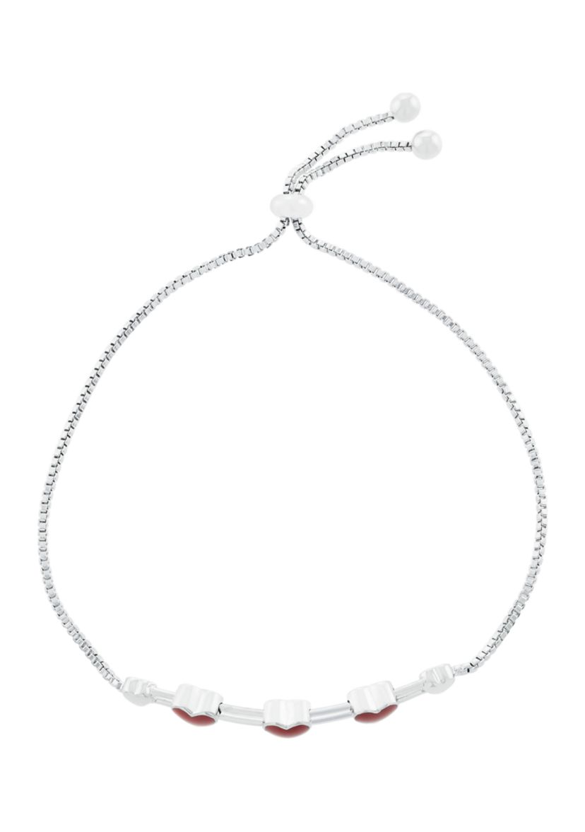 Boxed Fine Silver Plated Sliding Red Heart Charm Adjustable Bolo Bracelet