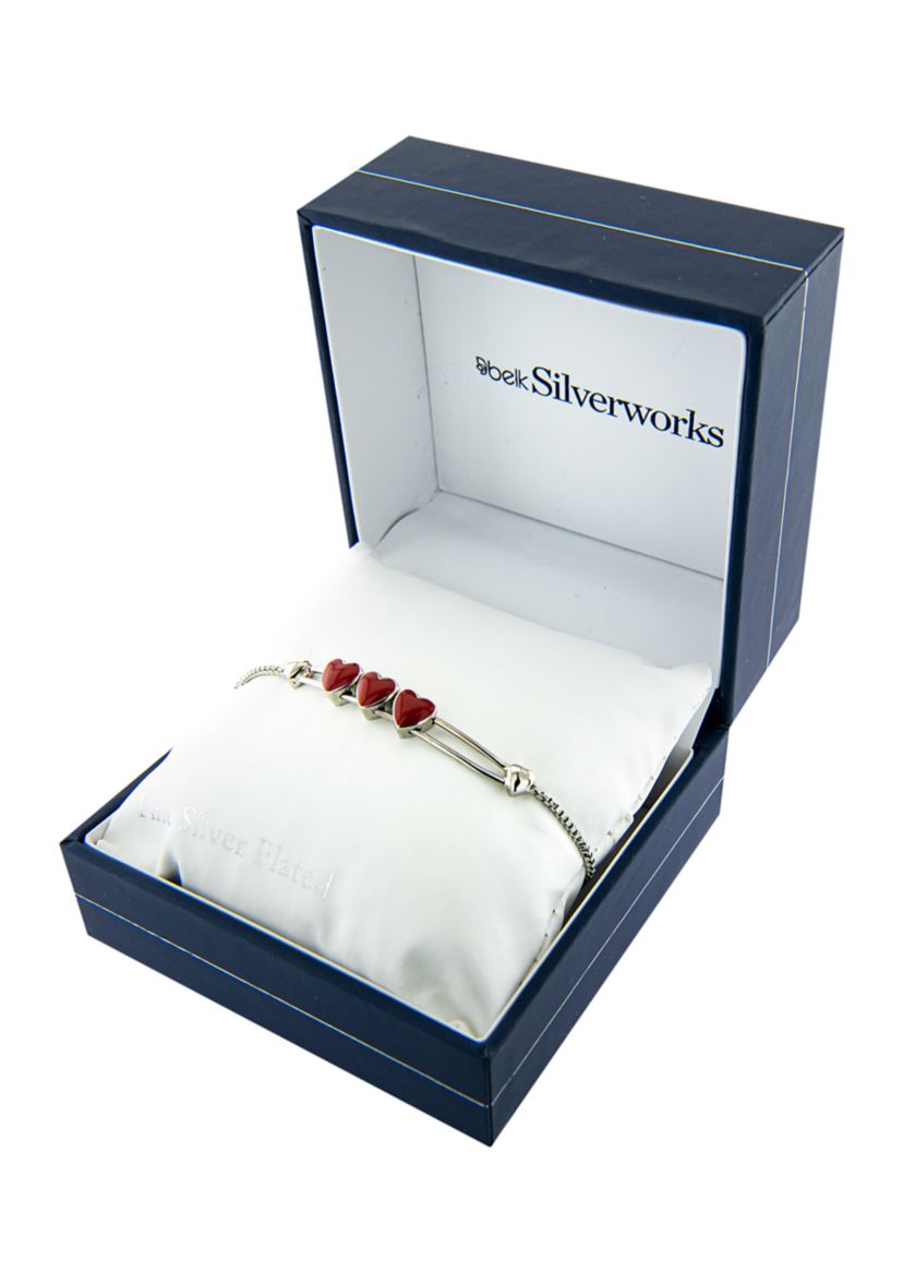 Boxed Fine Silver Plated Sliding Red Heart Charm Adjustable Bolo Bracelet