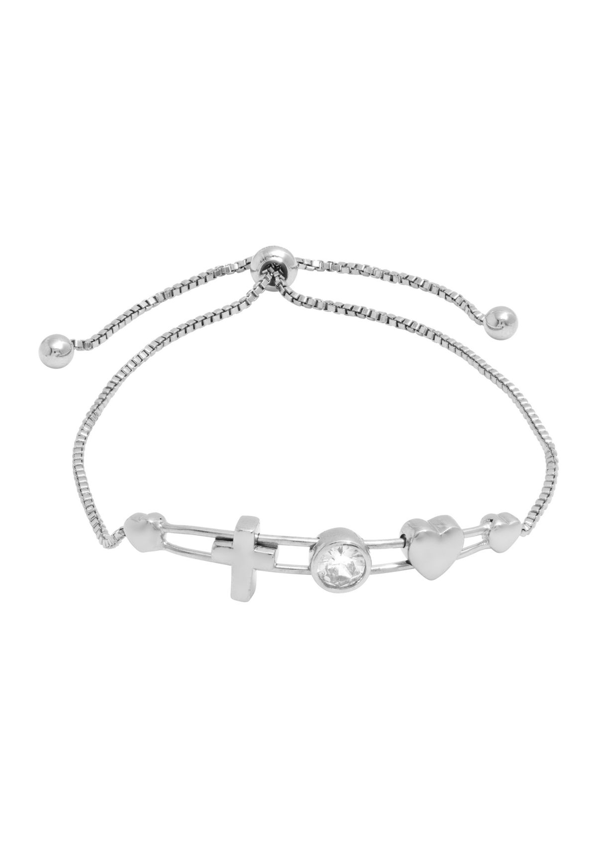 Boxed Silver Plated Sliding Heart Cross CZ Charm Bracelet