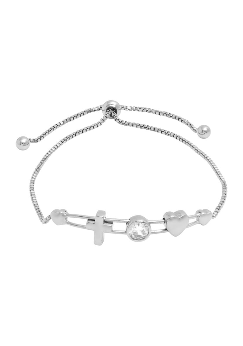 Boxed Silver Plated Sliding Heart Cross CZ Charm Bracelet