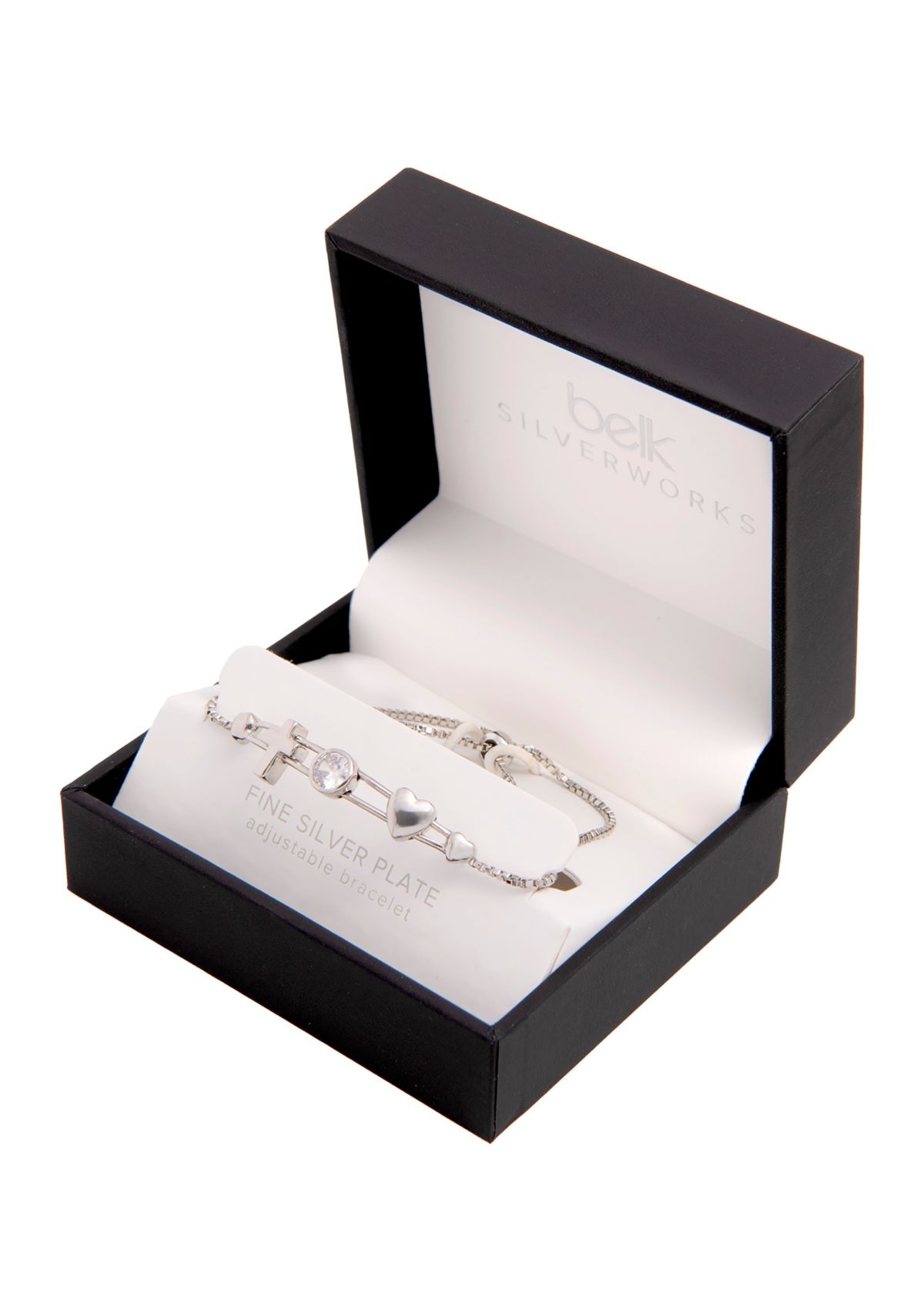 Boxed Silver Plated Sliding Heart Cross CZ Charm Bracelet