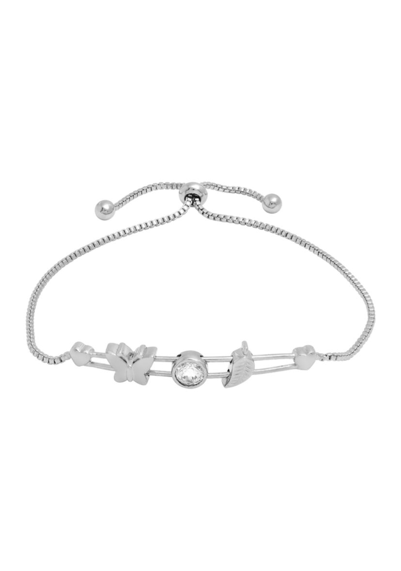 Boxed Silver Plated Sliding Butterfly Leaf CZ Charm Bracelet