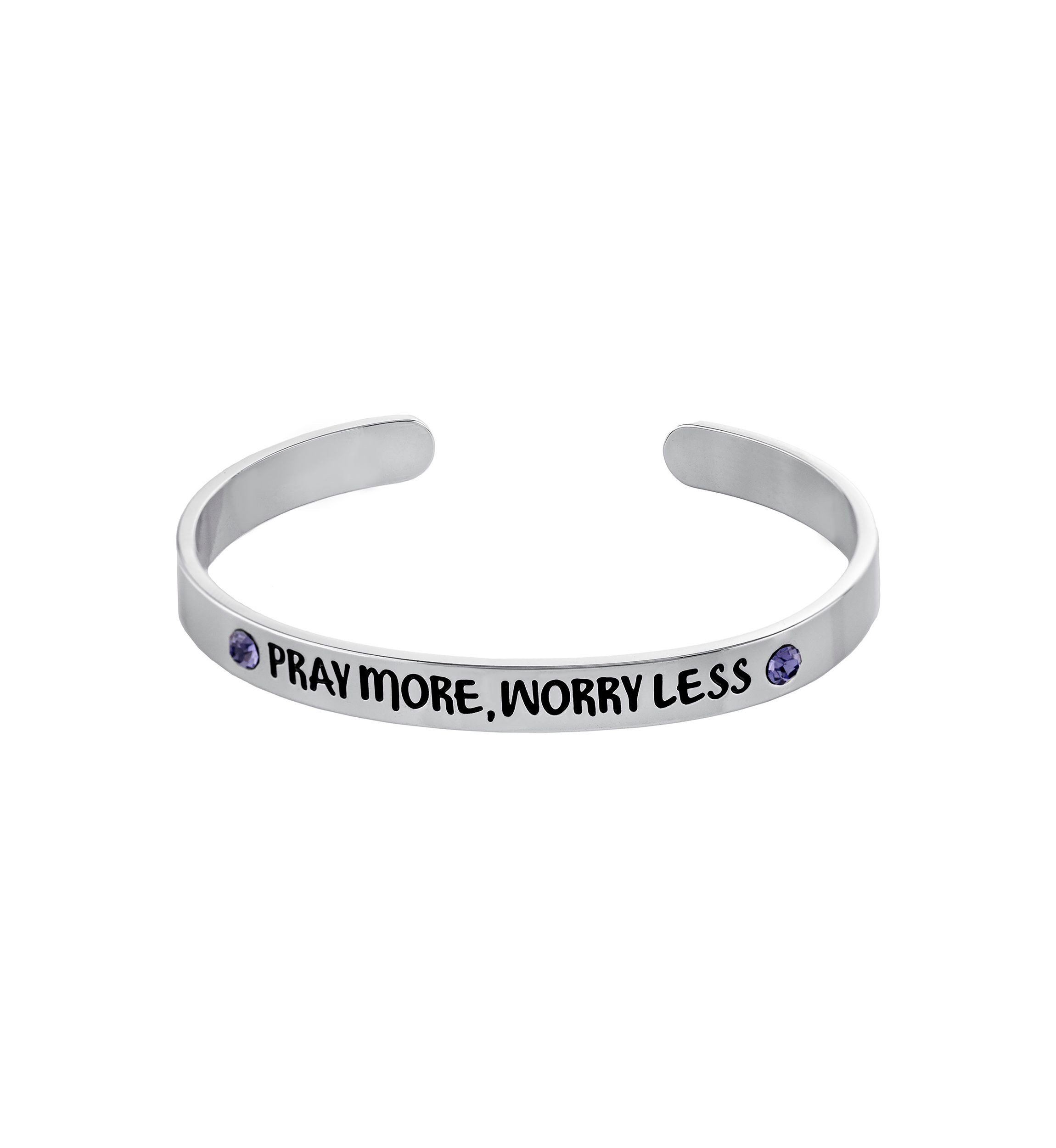 Boxed Fine Silver Plated 7" Purple Crystal "Pray More, Worry Less" Cuff Bracelet