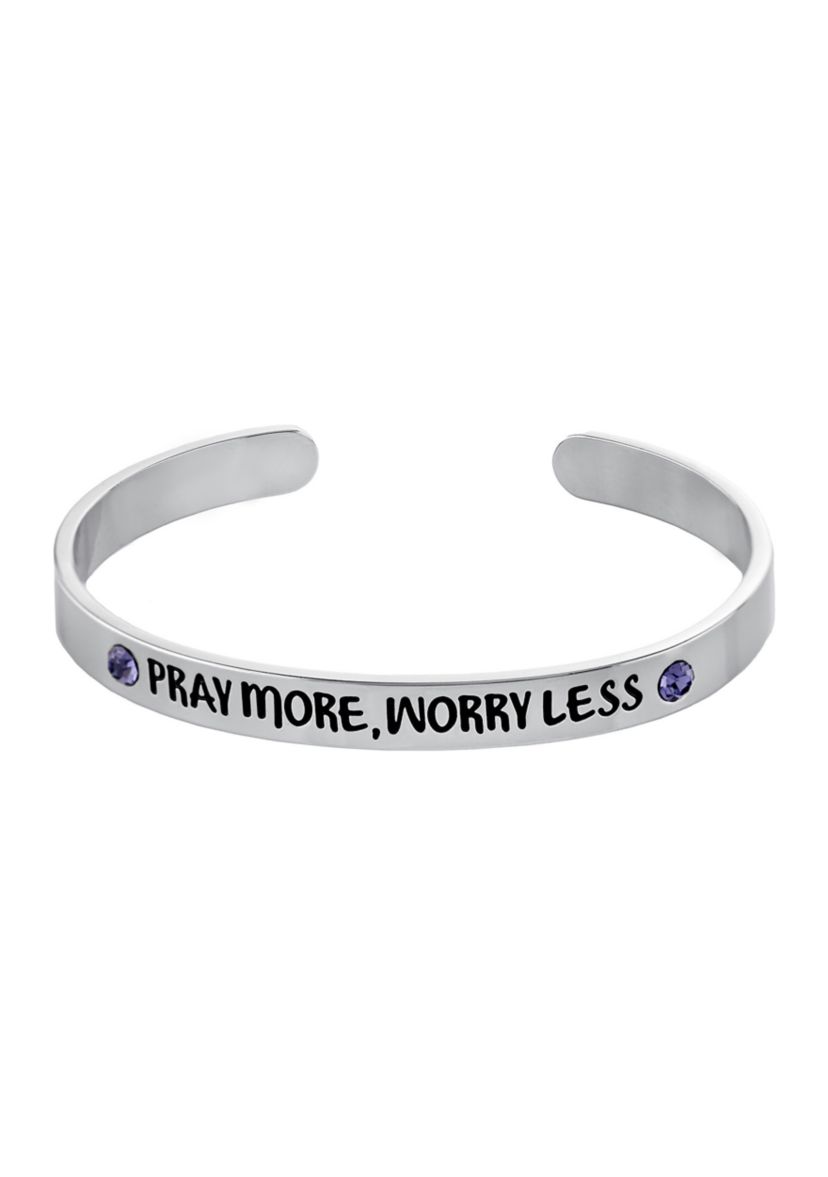 Boxed Fine Silver Plated 7" Purple Crystal "Pray More, Worry Less" Cuff Bracelet
