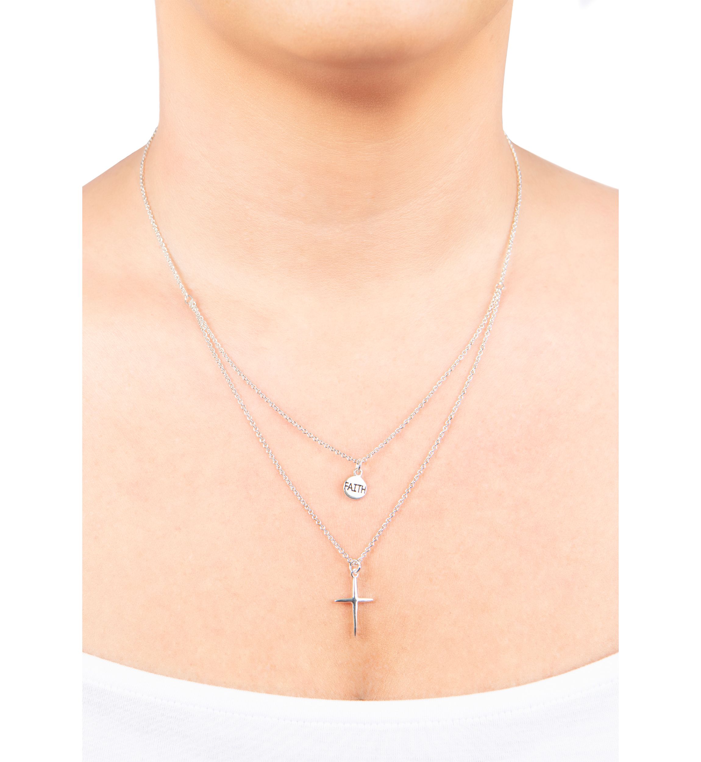 Boxed Silver Plated 18" Faith and Cross Layered Necklace