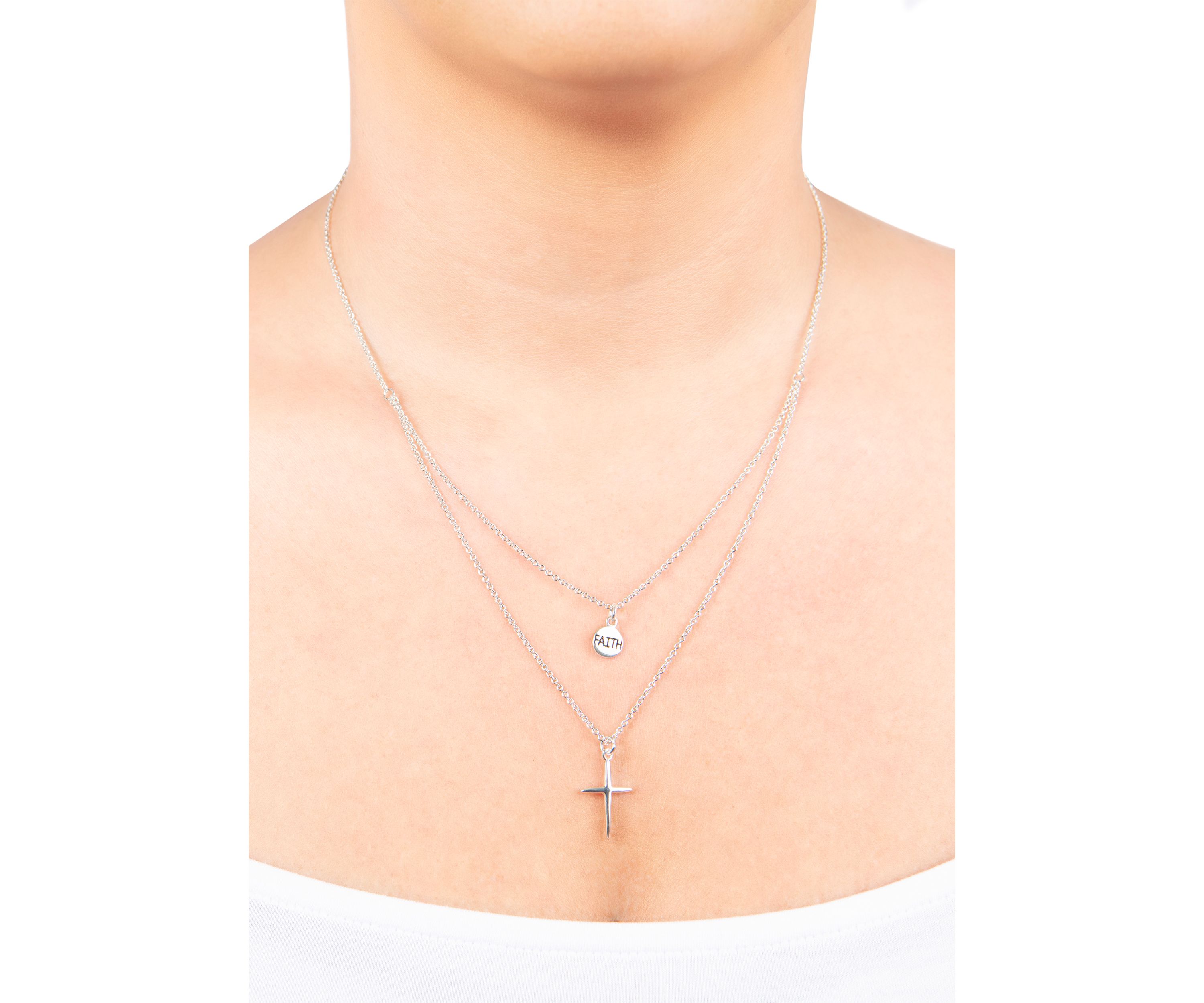 Boxed Silver Plated 18" Faith and Cross Layered Necklace