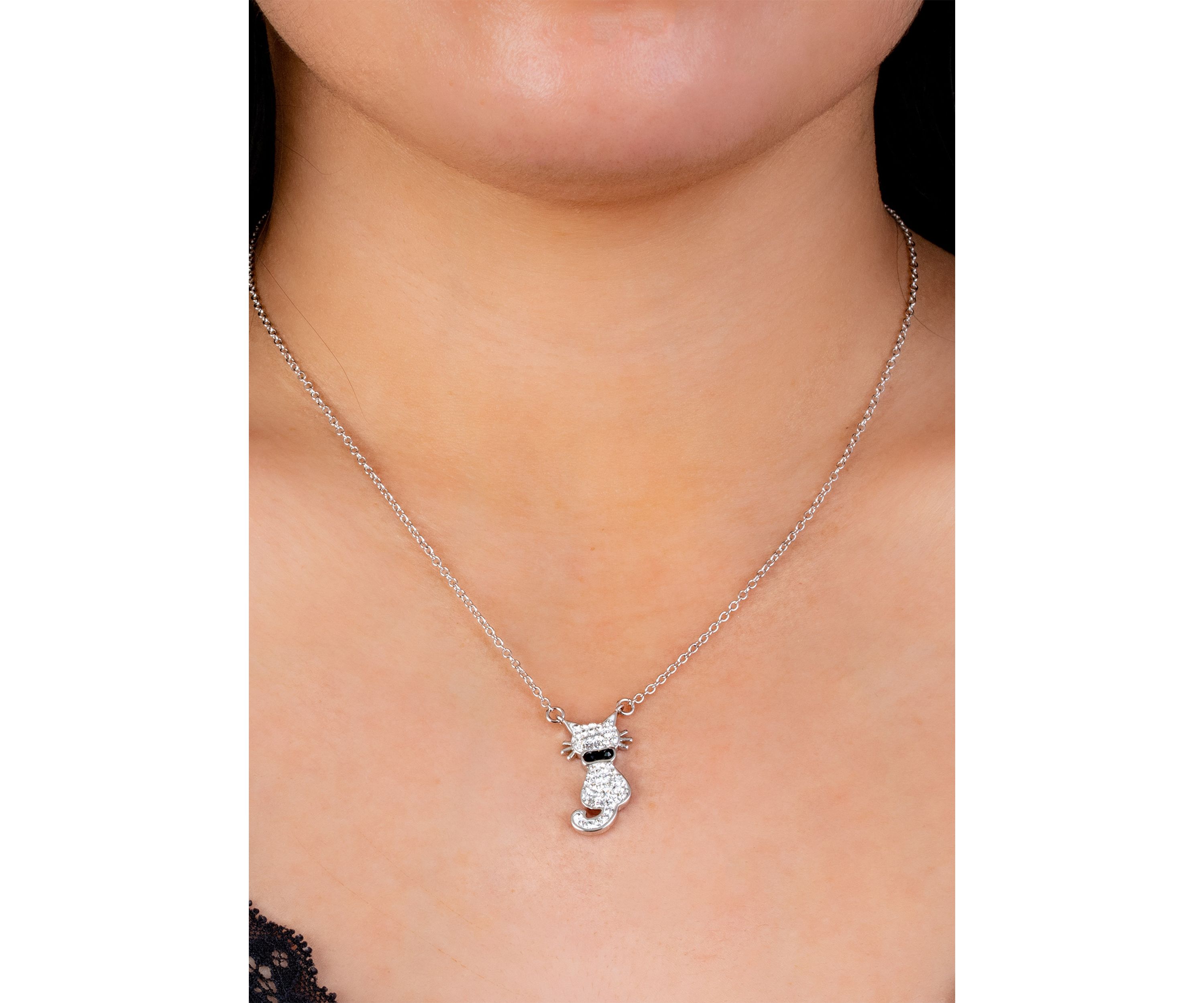 18 Inch Fine Silver Plated Crystal Pavé Cat Necklace