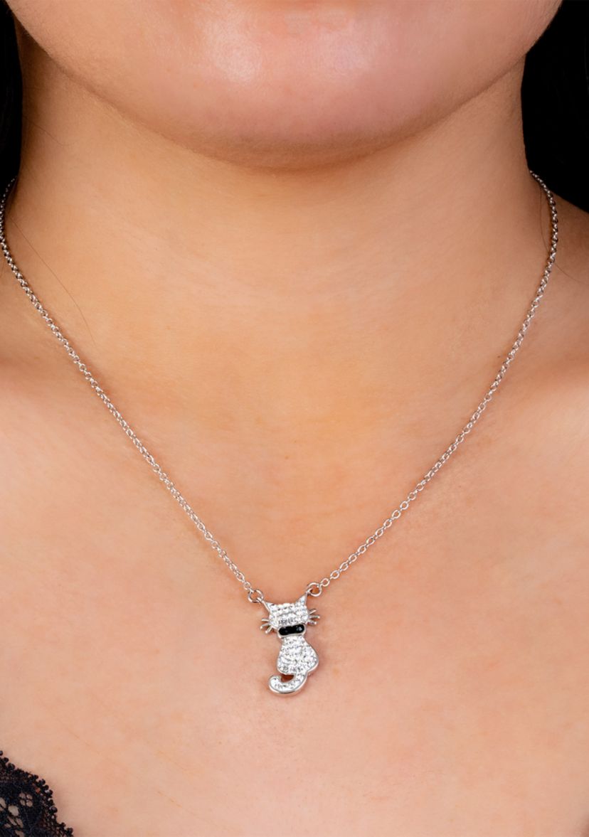 18 Inch Fine Silver Plated Crystal Pavé Cat Necklace