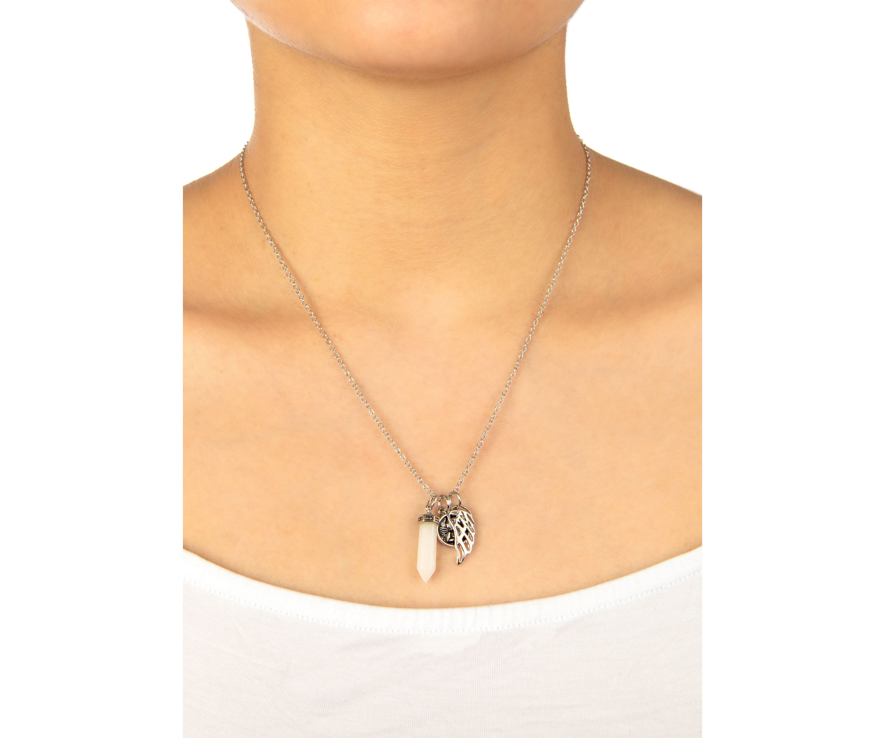 Boxed Fine Silver Plated 18" White Quartz Angel Charm Necklace