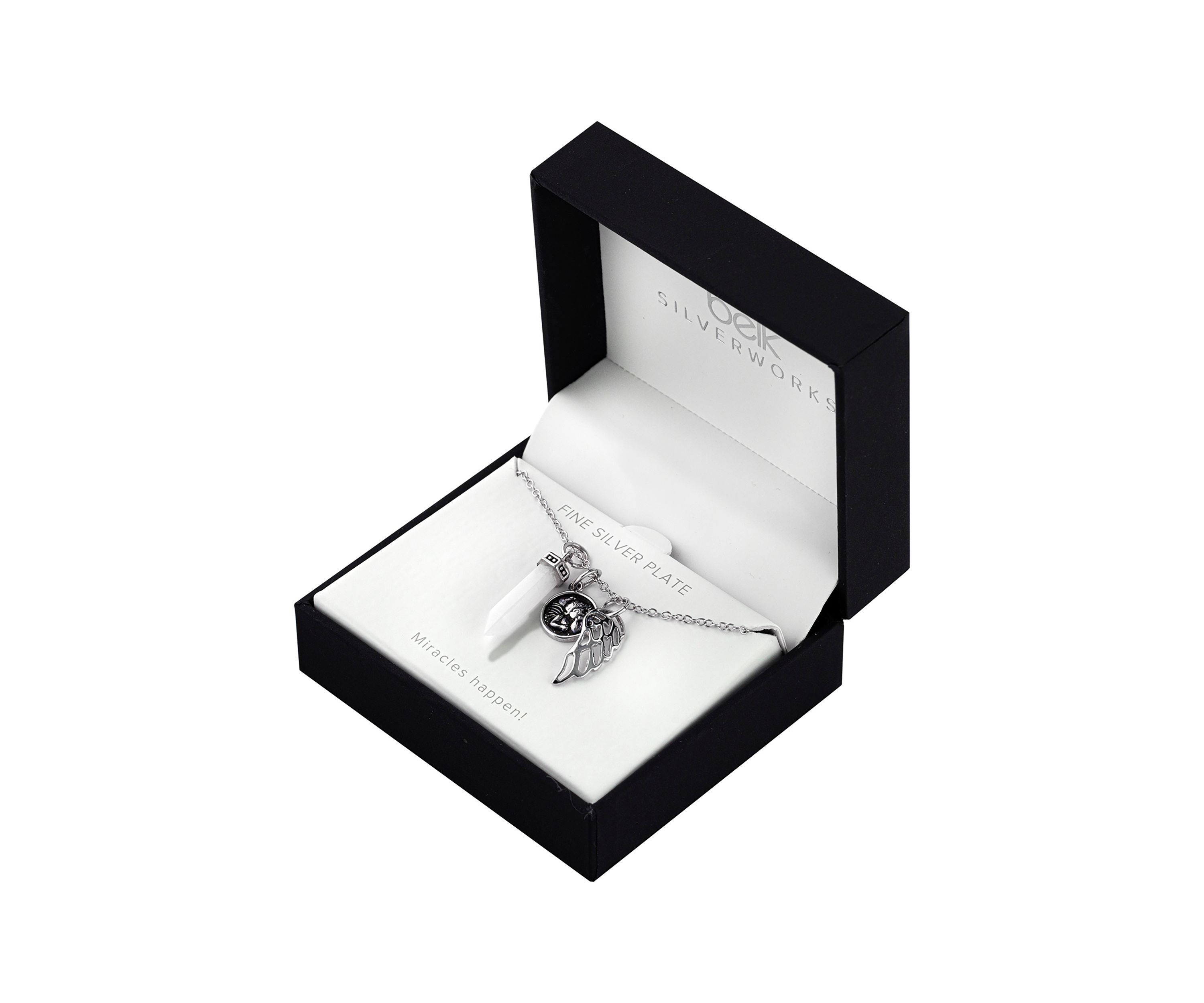 Boxed Fine Silver Plated 18" White Quartz Angel Charm Necklace