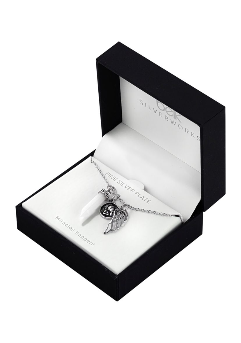 Boxed Fine Silver Plated 18" White Quartz Angel Charm Necklace
