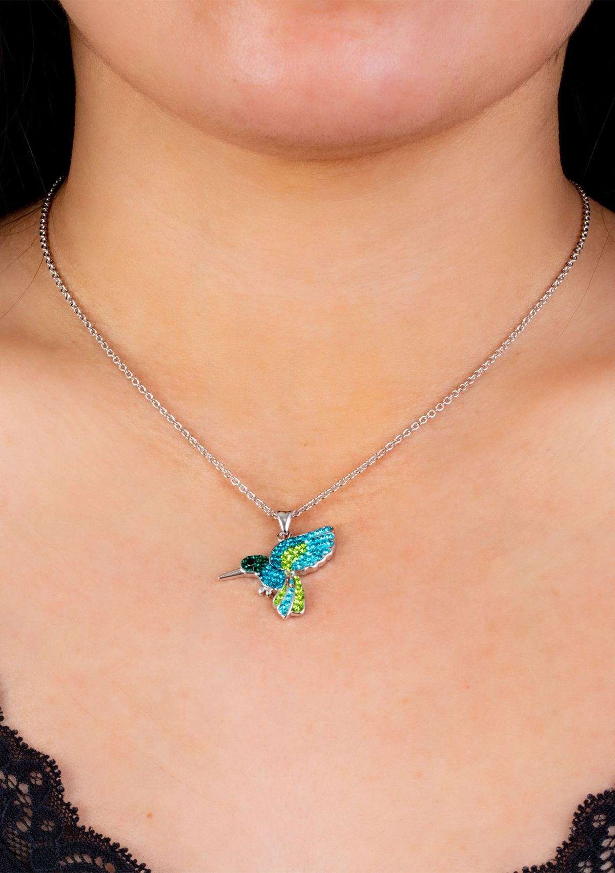 Boxed Fine Silver Plated Crystal Pavé Hummingbird Necklace