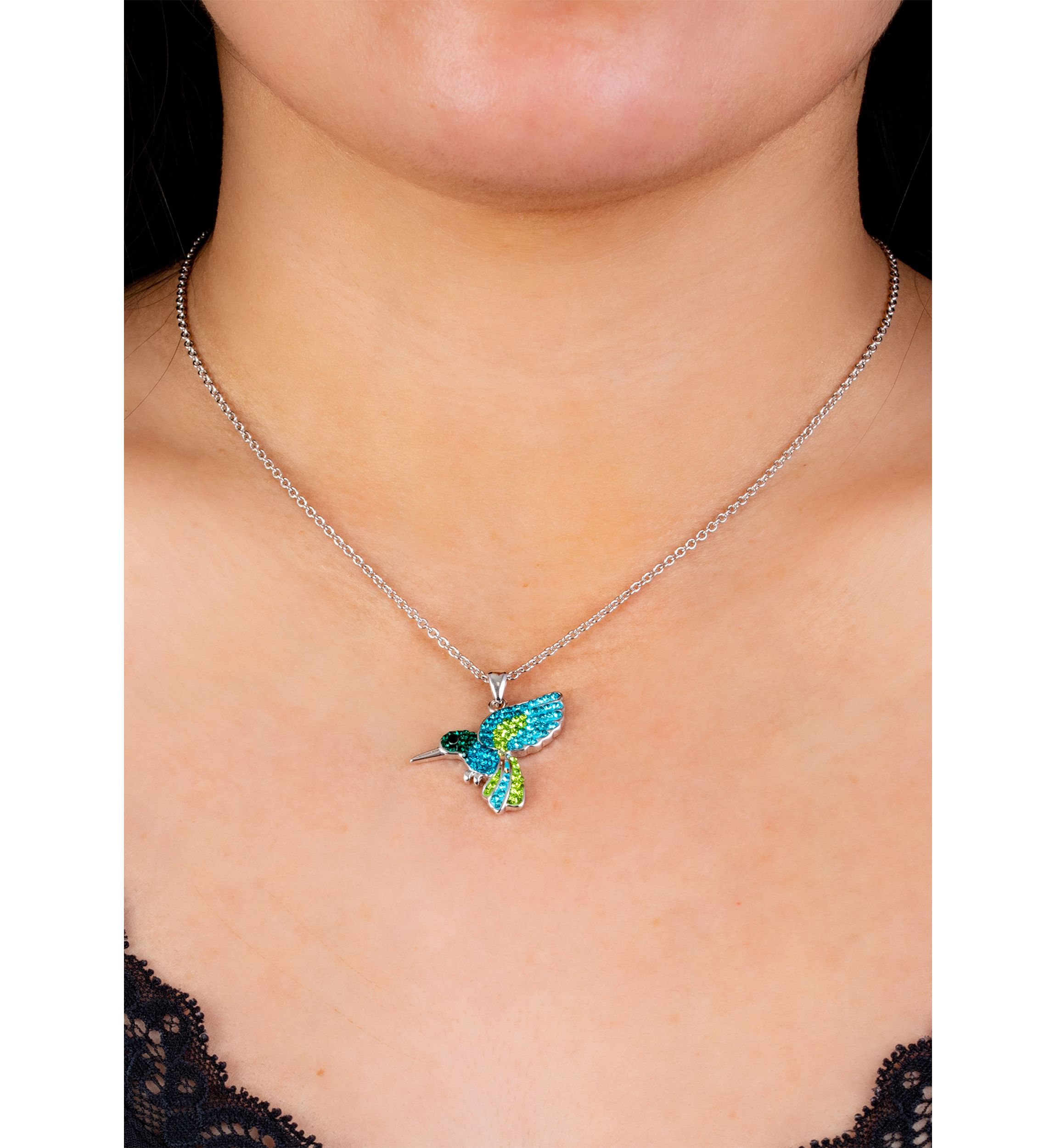 Boxed Fine Silver Plated Crystal Pavé Hummingbird Necklace