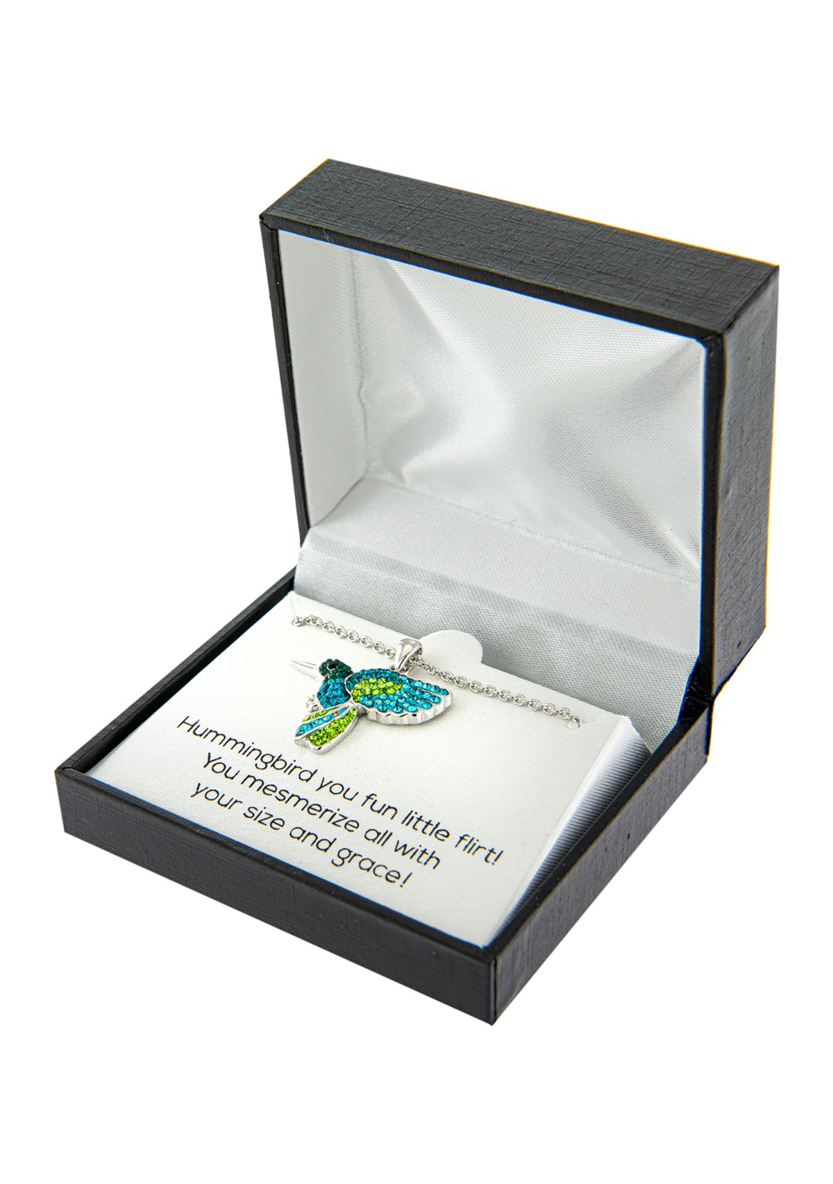 Boxed Fine Silver Plated Crystal Pavé Hummingbird Necklace