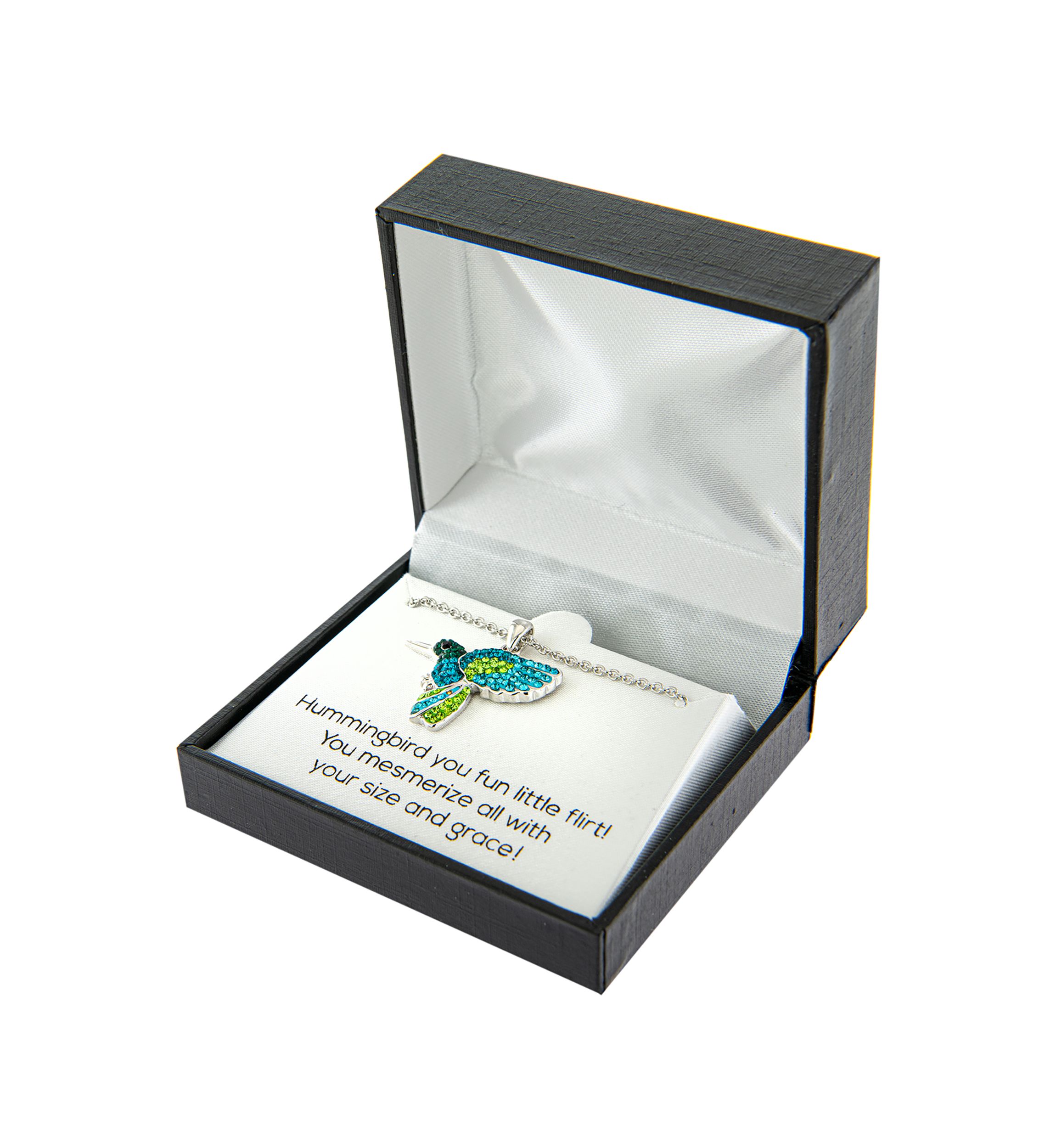 Boxed Fine Silver Plated Crystal Pavé Hummingbird Necklace