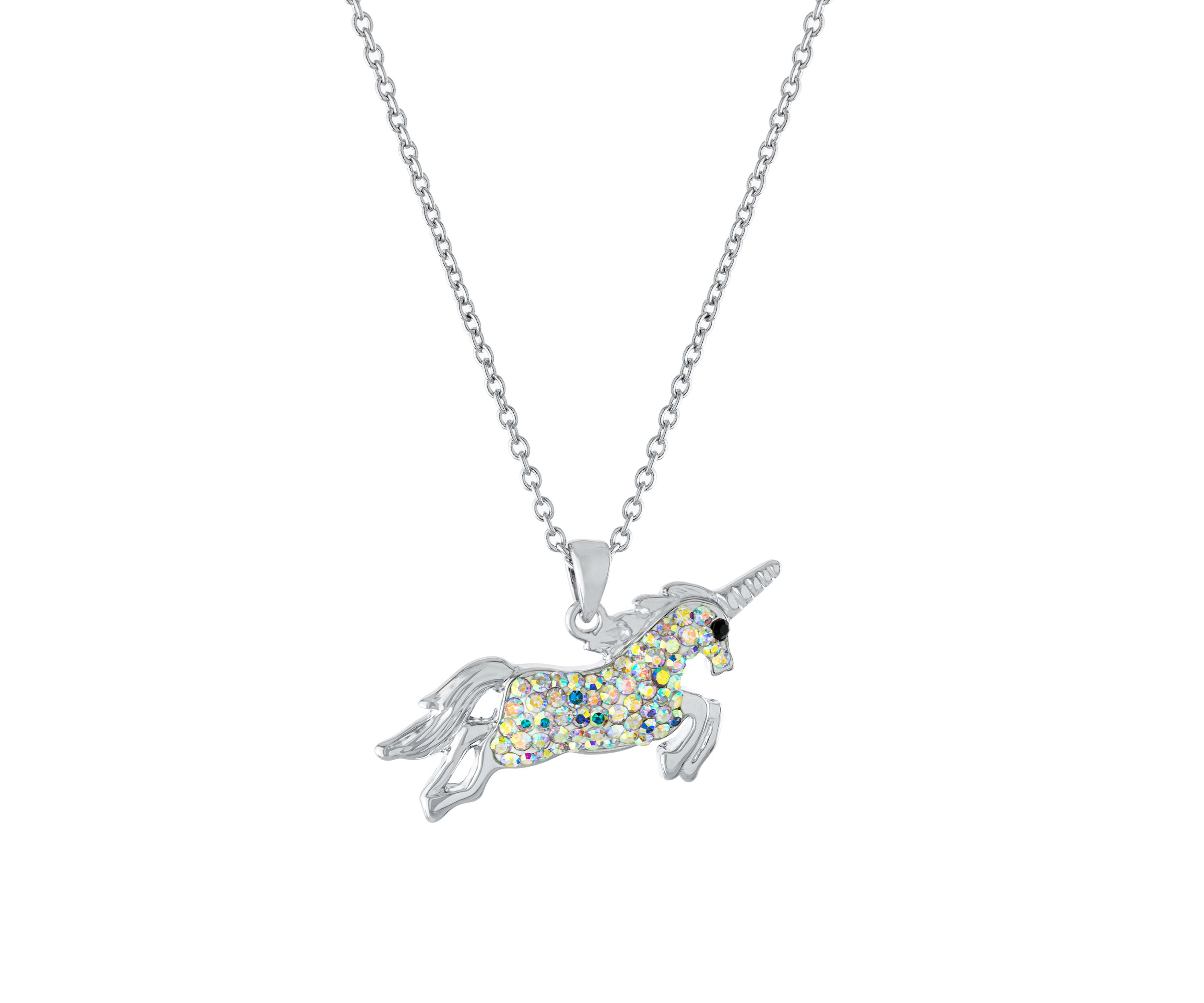 Boxed Fine Silver Plated 16+2in. Crystal Pave Unicorn Necklace