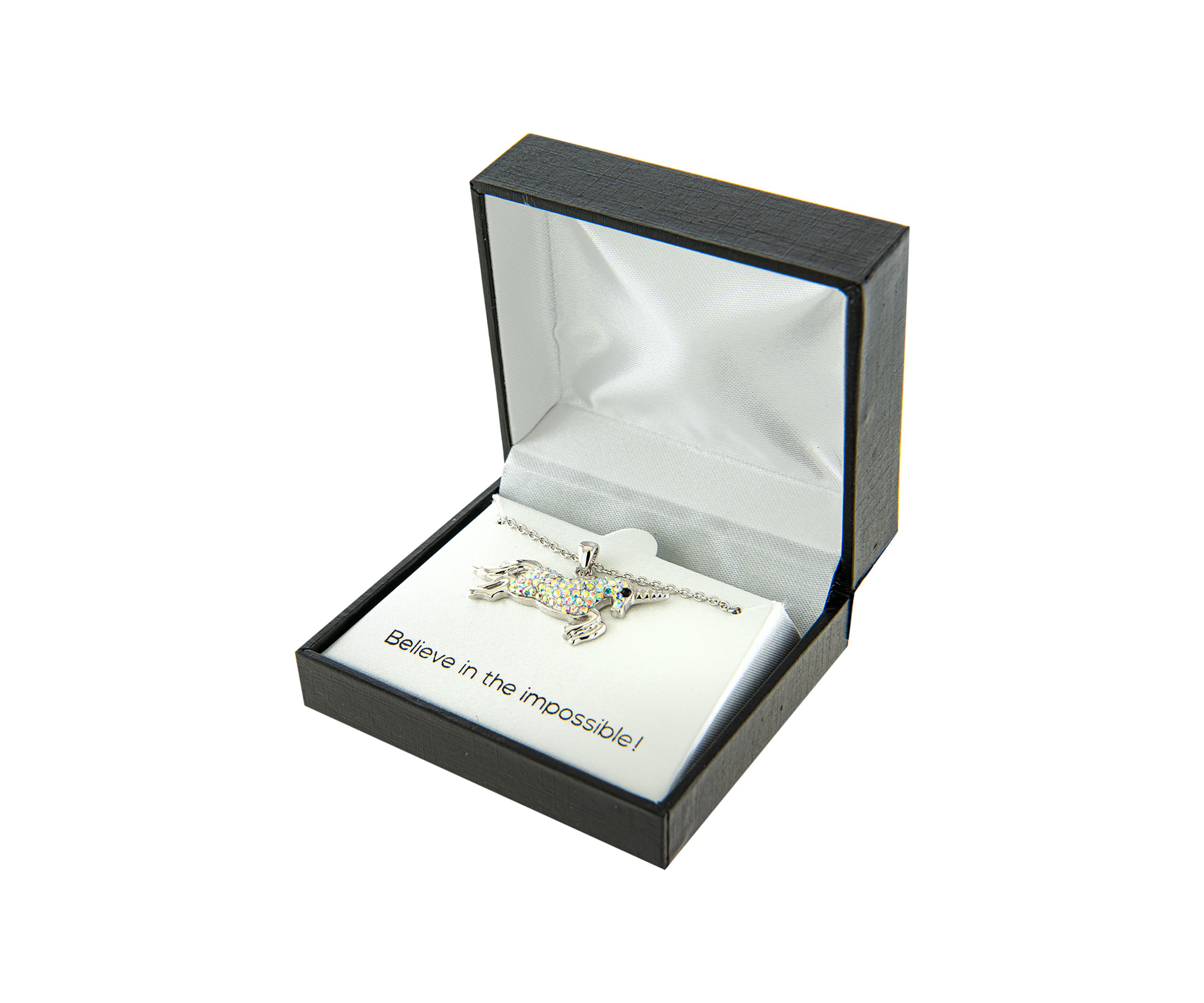 Boxed Fine Silver Plated 16+2in. Crystal Pave Unicorn Necklace