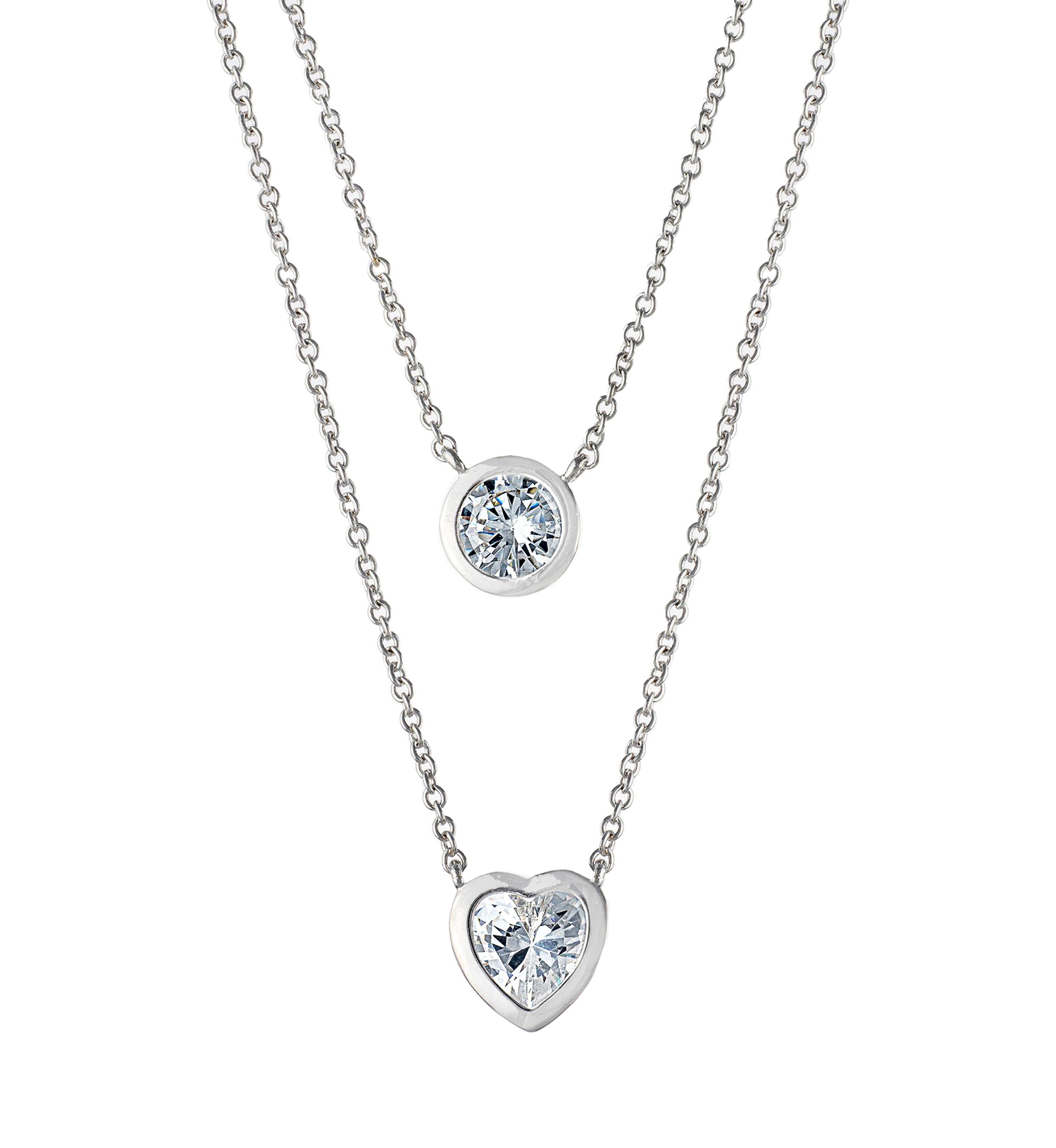 Boxed Fine Silver Plated 16" Cubic Zirconia Circle and Heart 2 Layer Necklace