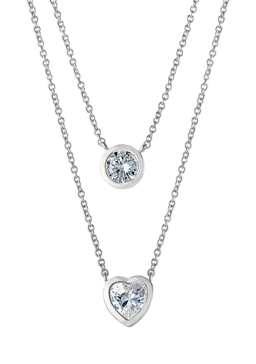 Boxed Fine Silver Plated 16" Cubic Zirconia Circle and Heart 2 Layer Necklace
