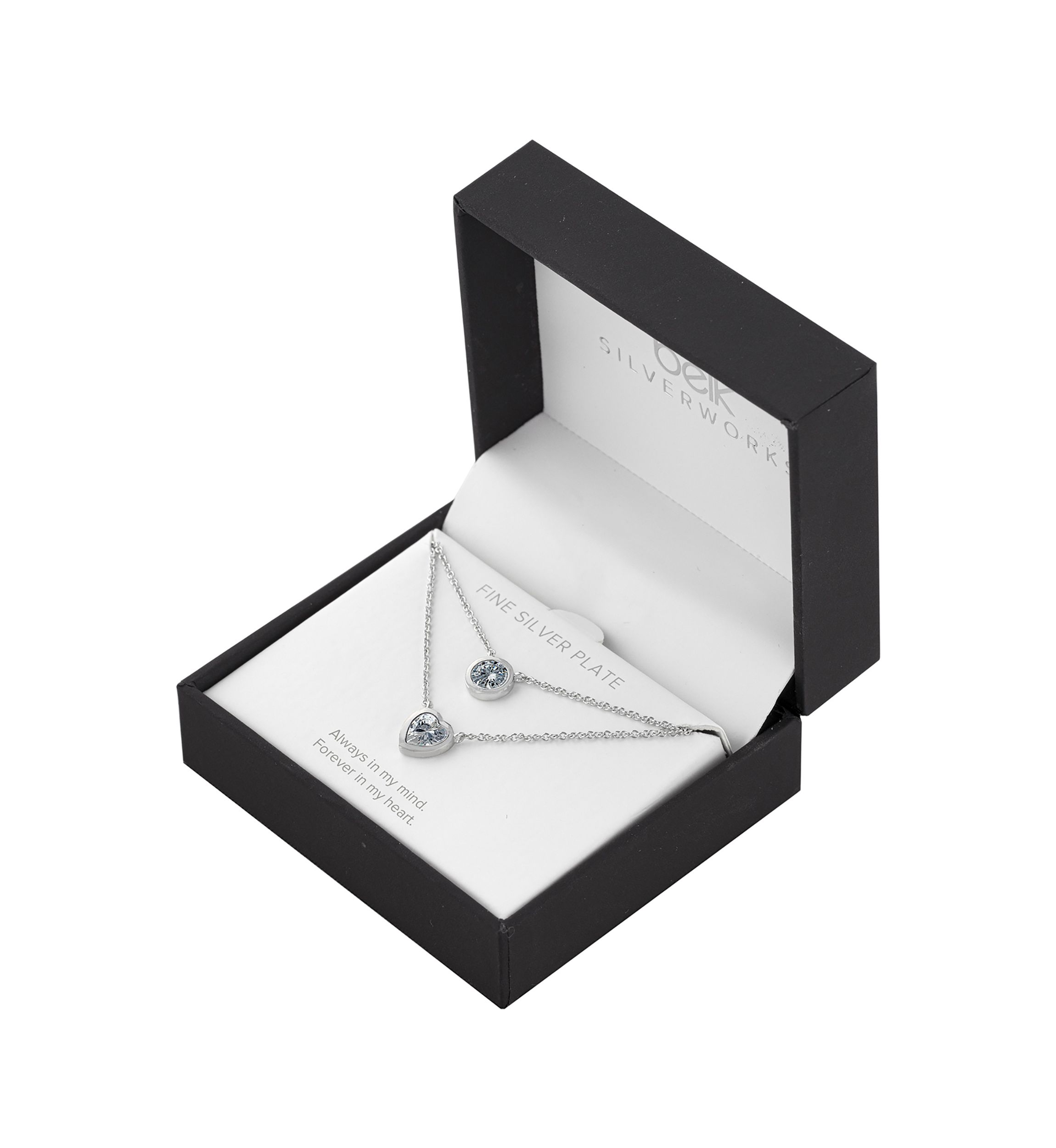 Boxed Fine Silver Plated 16" Cubic Zirconia Circle and Heart 2 Layer Necklace