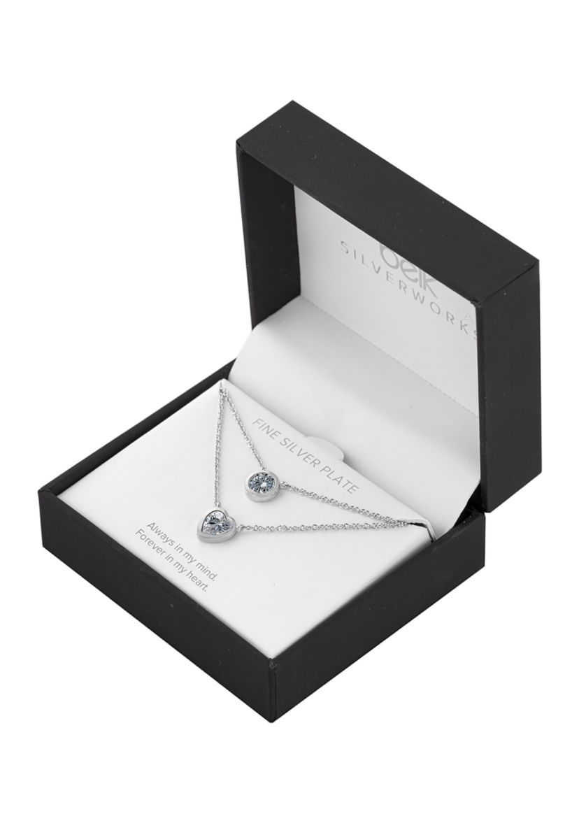 Boxed Fine Silver Plated 16" Cubic Zirconia Circle and Heart 2 Layer Necklace