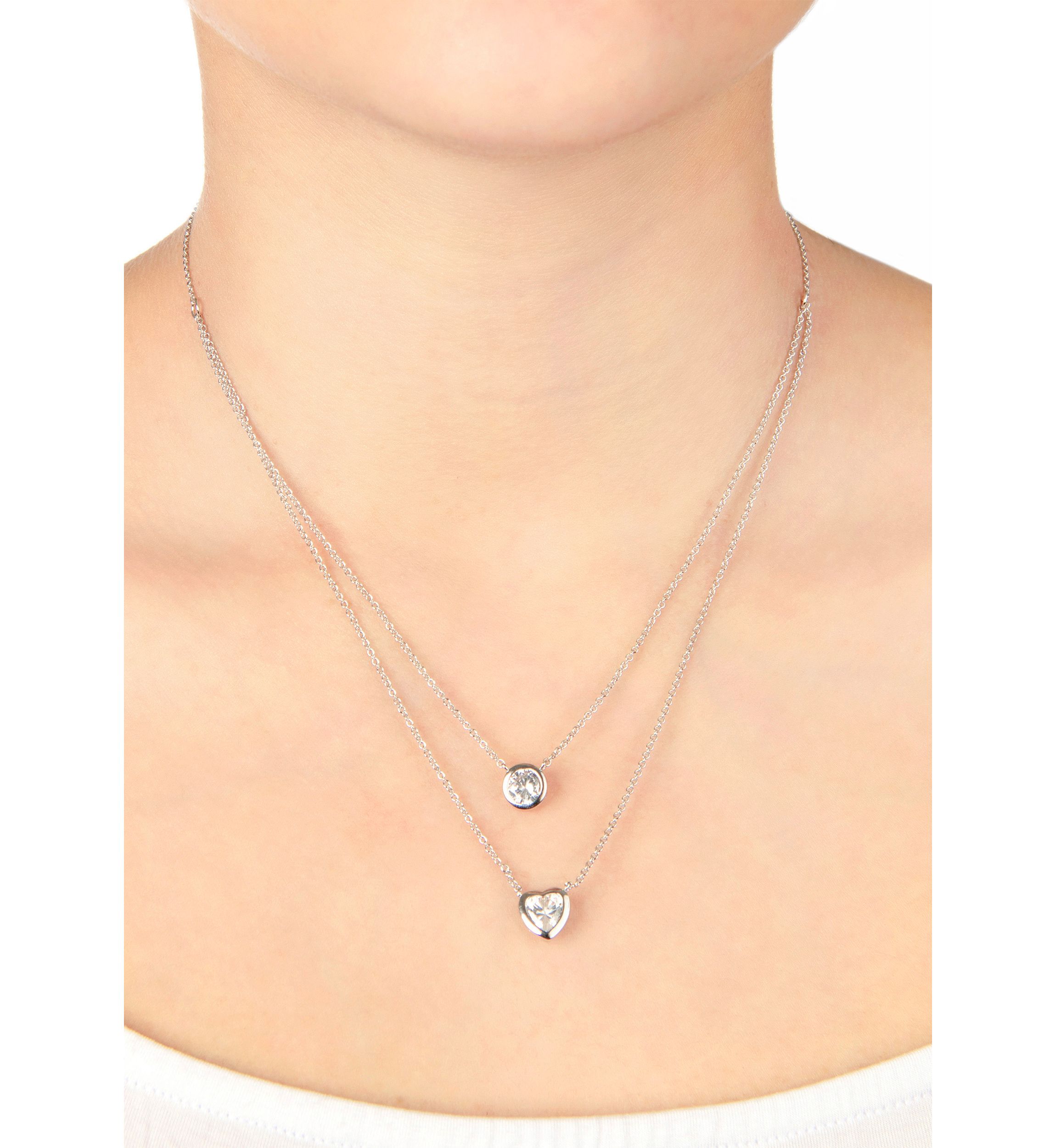 Boxed Fine Silver Plated 16" Cubic Zirconia Circle and Heart 2 Layer Necklace