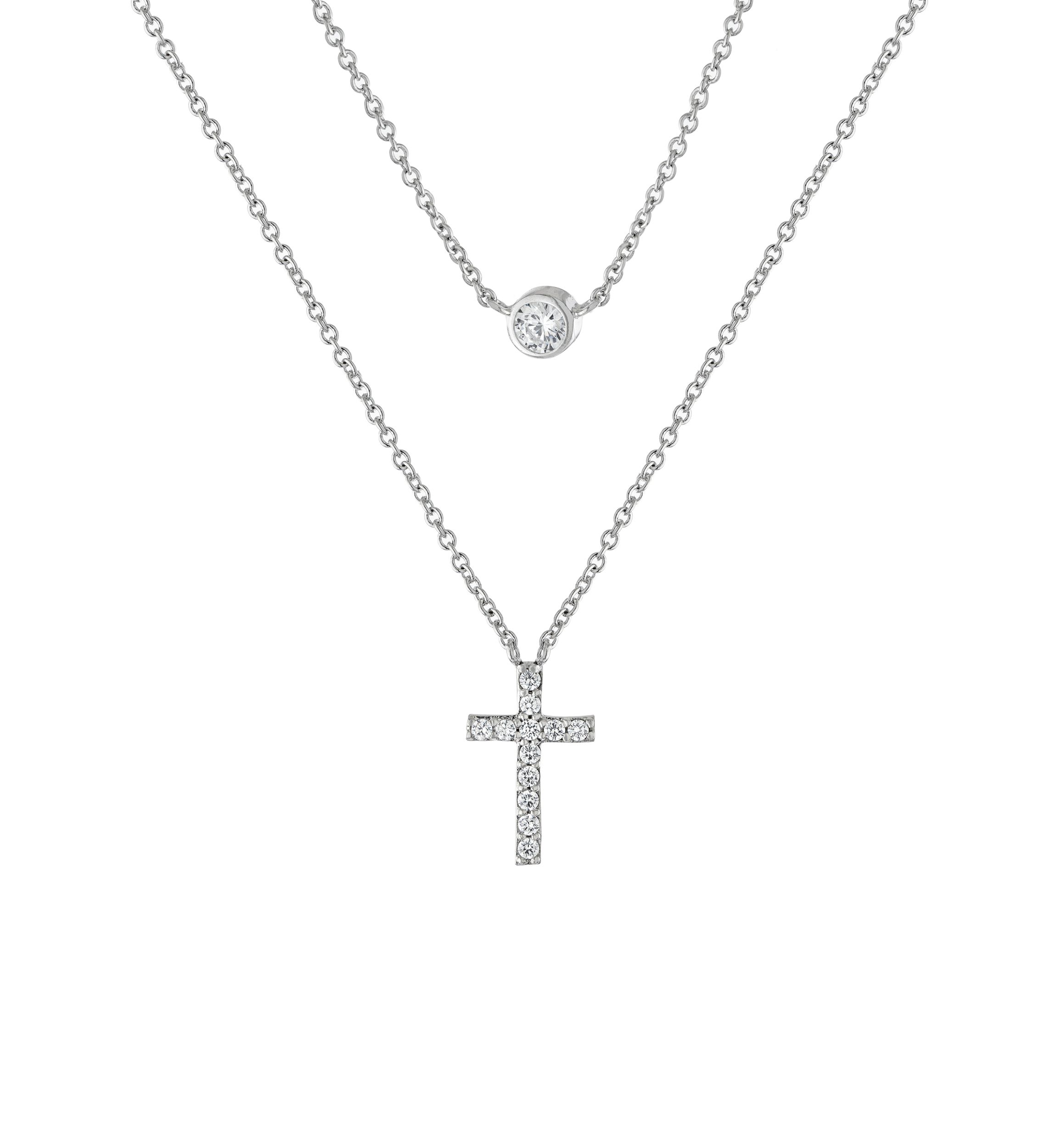 Boxed Silver Plated 16" + 2" Cubic Zirconia and Small Cross Layered Necklace