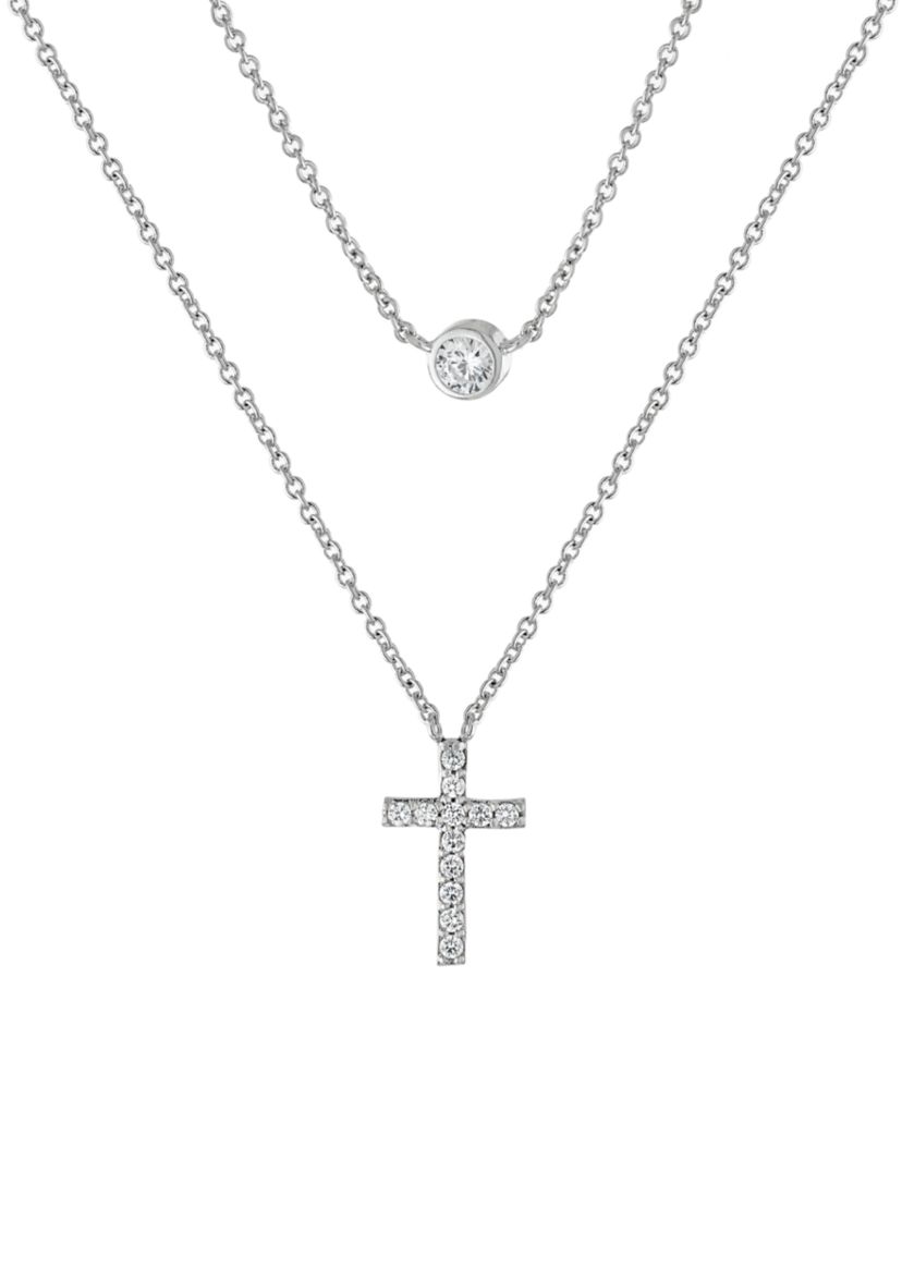 Boxed Silver Plated 16" + 2" Cubic Zirconia and Small Cross Layered Necklace